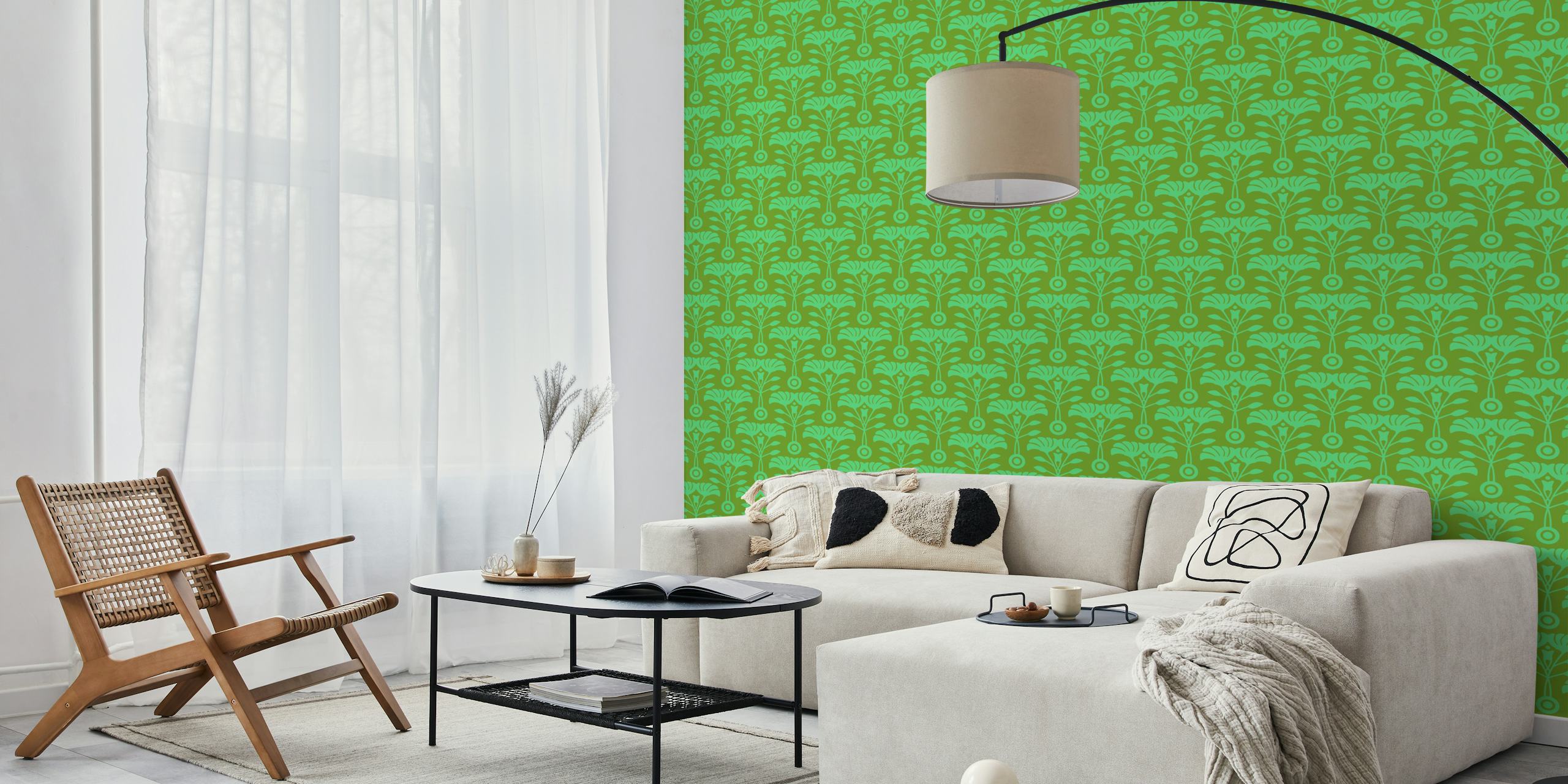 Floral patterns in green and olive tones on wallpaper