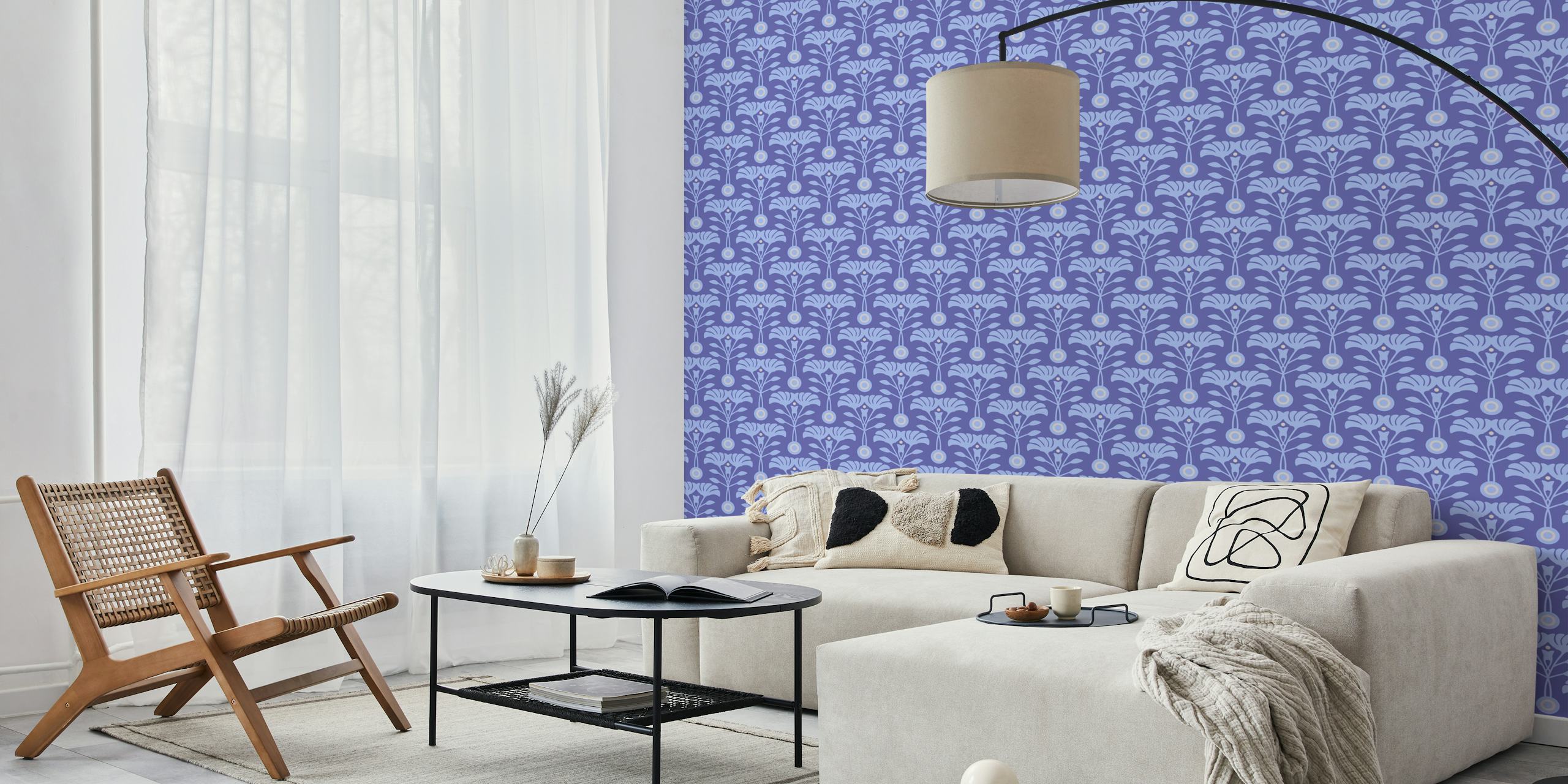 Floral patterns in purple and light blue on wallpaper