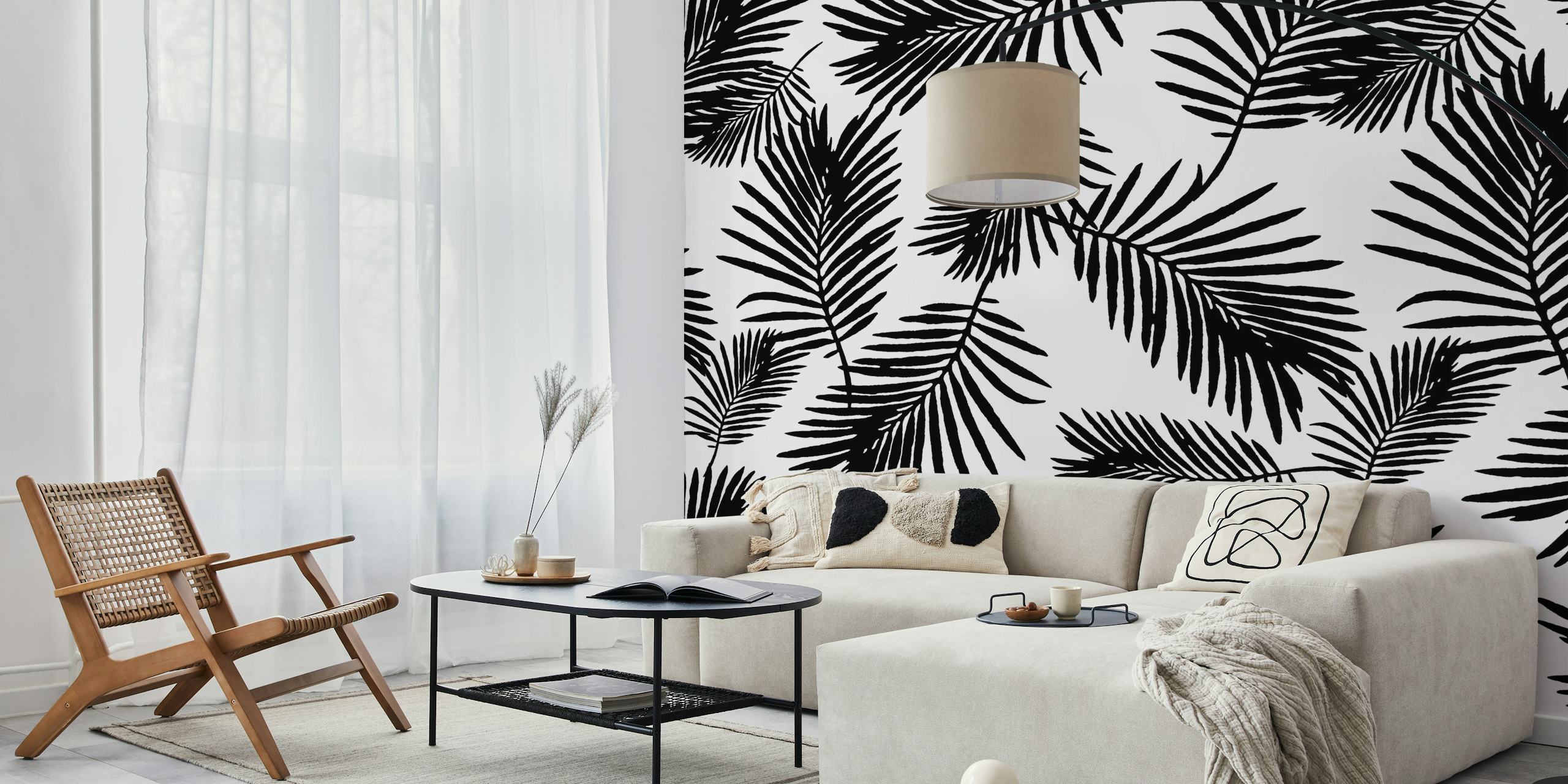Black and white tropical palm leaf wallpaper design