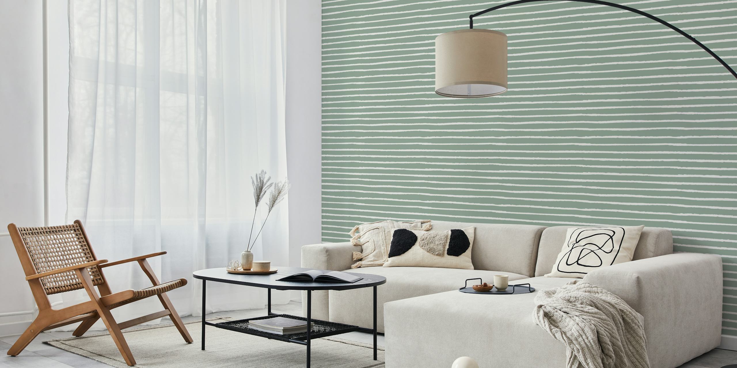 Papel pintado Sage green Abstract Stripes en una habitación