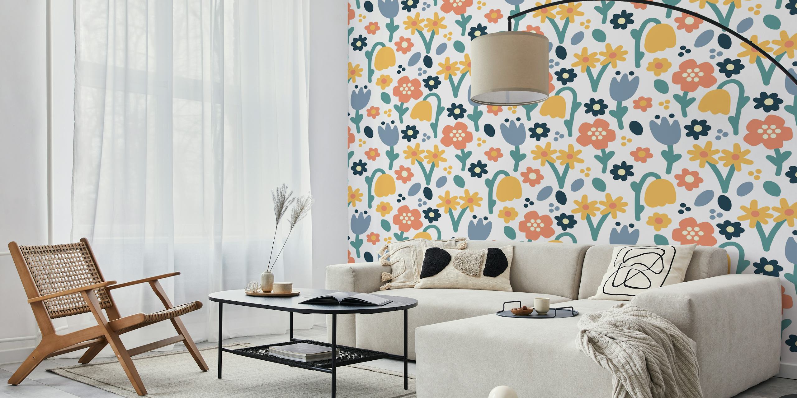 Colorful floral design with pink, blue, yellow, and green elements wallpaper