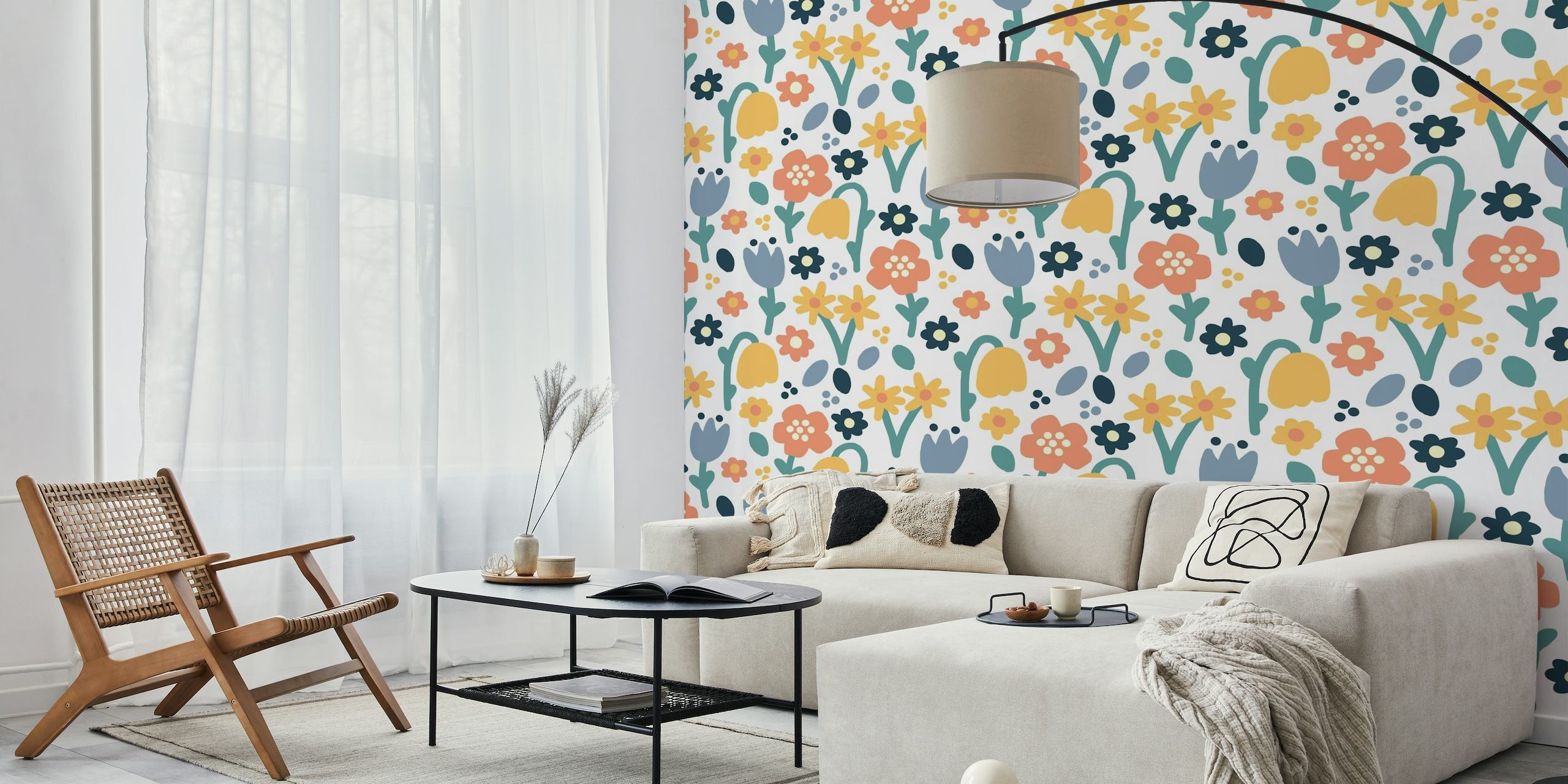 Hand-drawn style wall mural with stylized flowers and leaves in cheerful colors