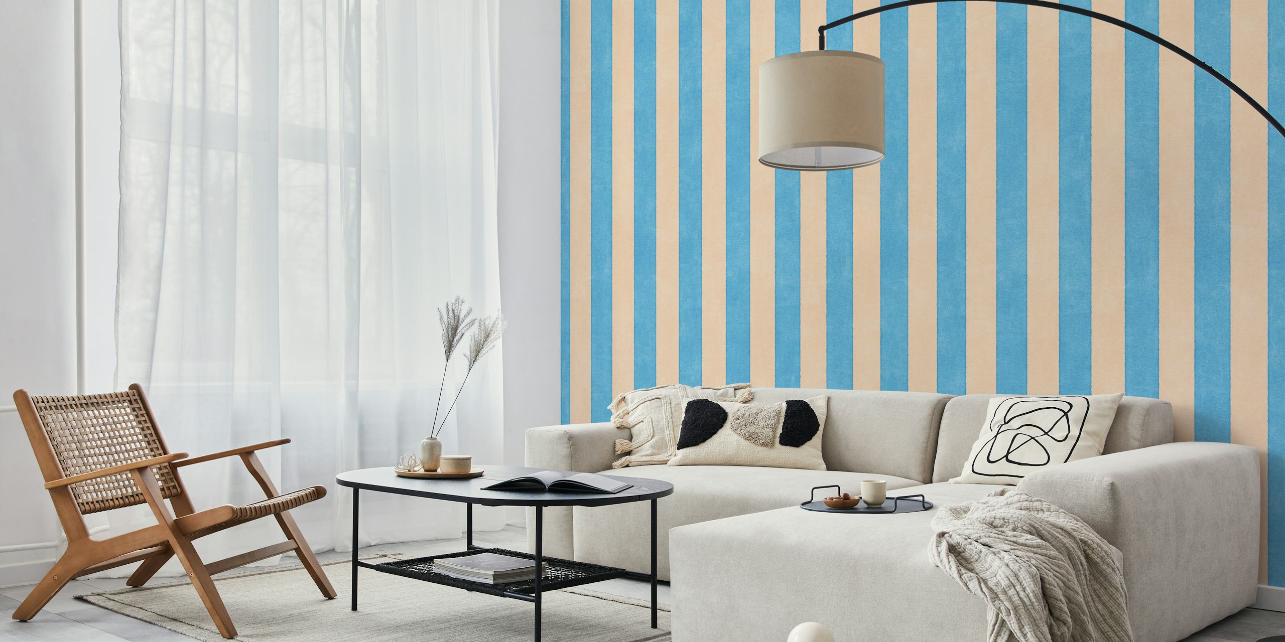 Blue and peach striped wallpaper in a modern style