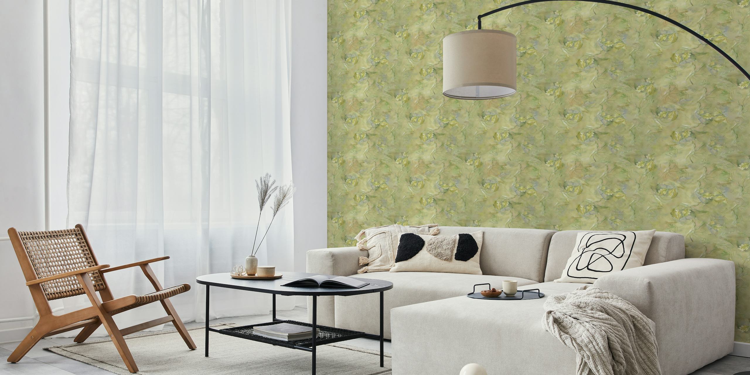 Soft-hued wall mural with delicate floral designs in green and yellow tones