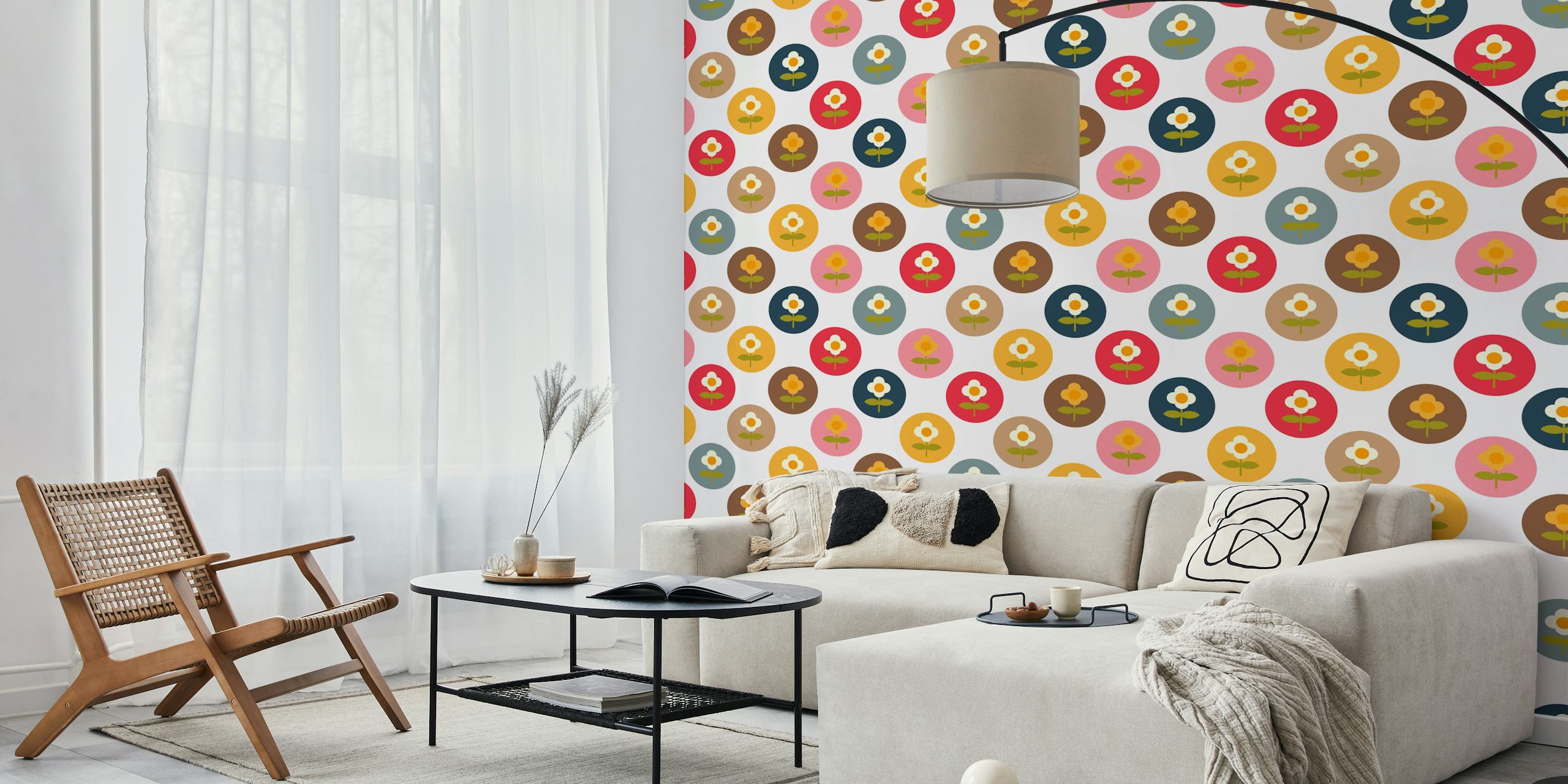 Colorful circles with white flowers on a white background wallpaper