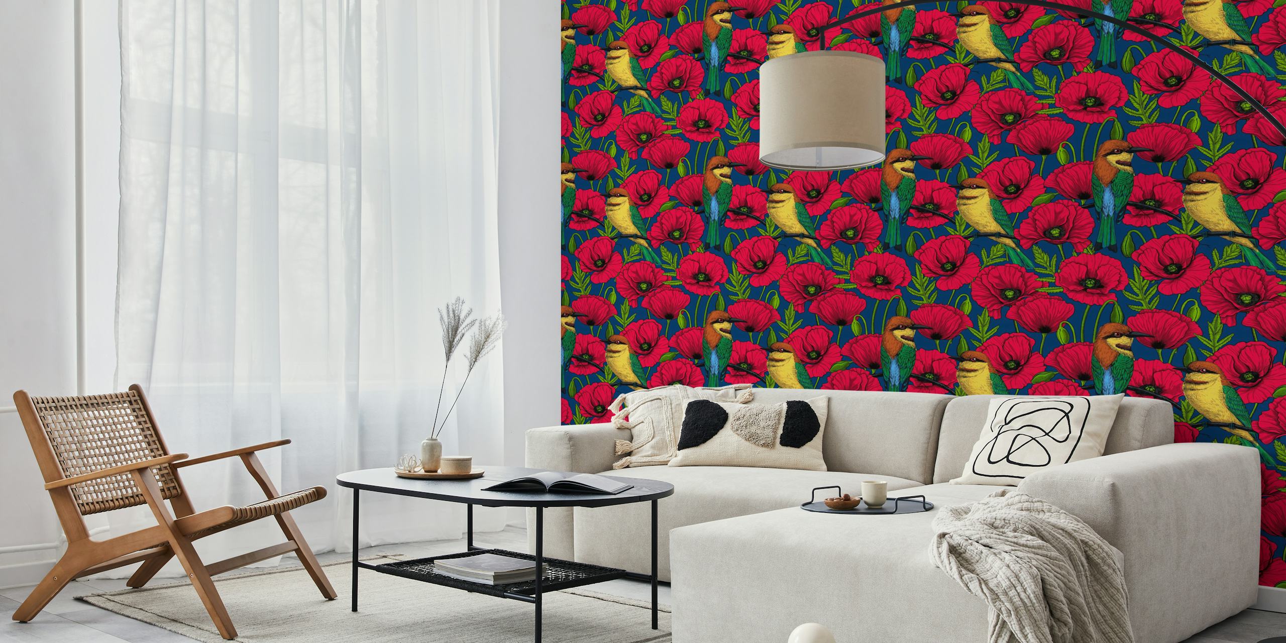Bee eaters and vibrant red poppies on dark blue wallpaper