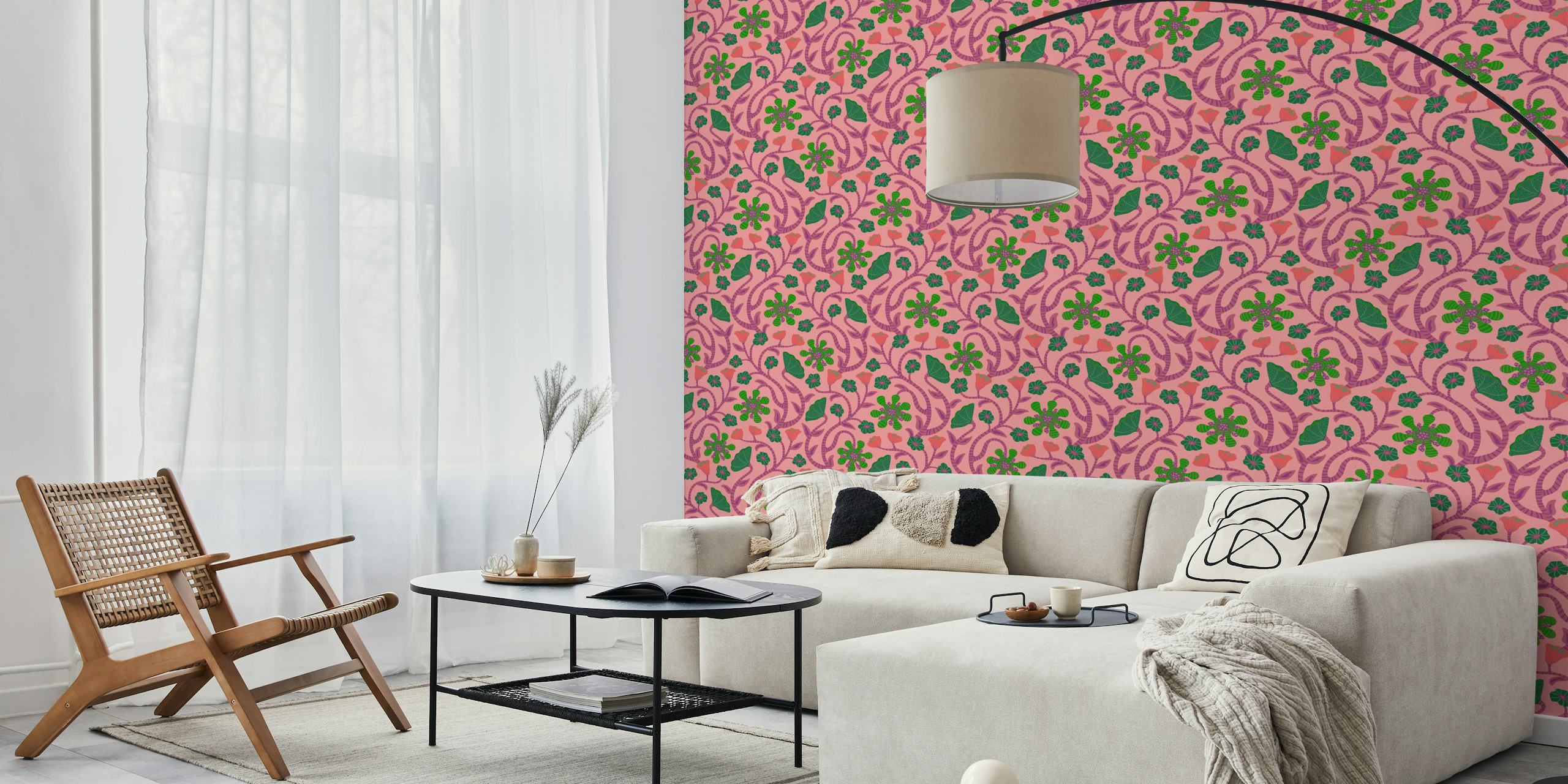 Fantasy floral pink wallpaper in a room