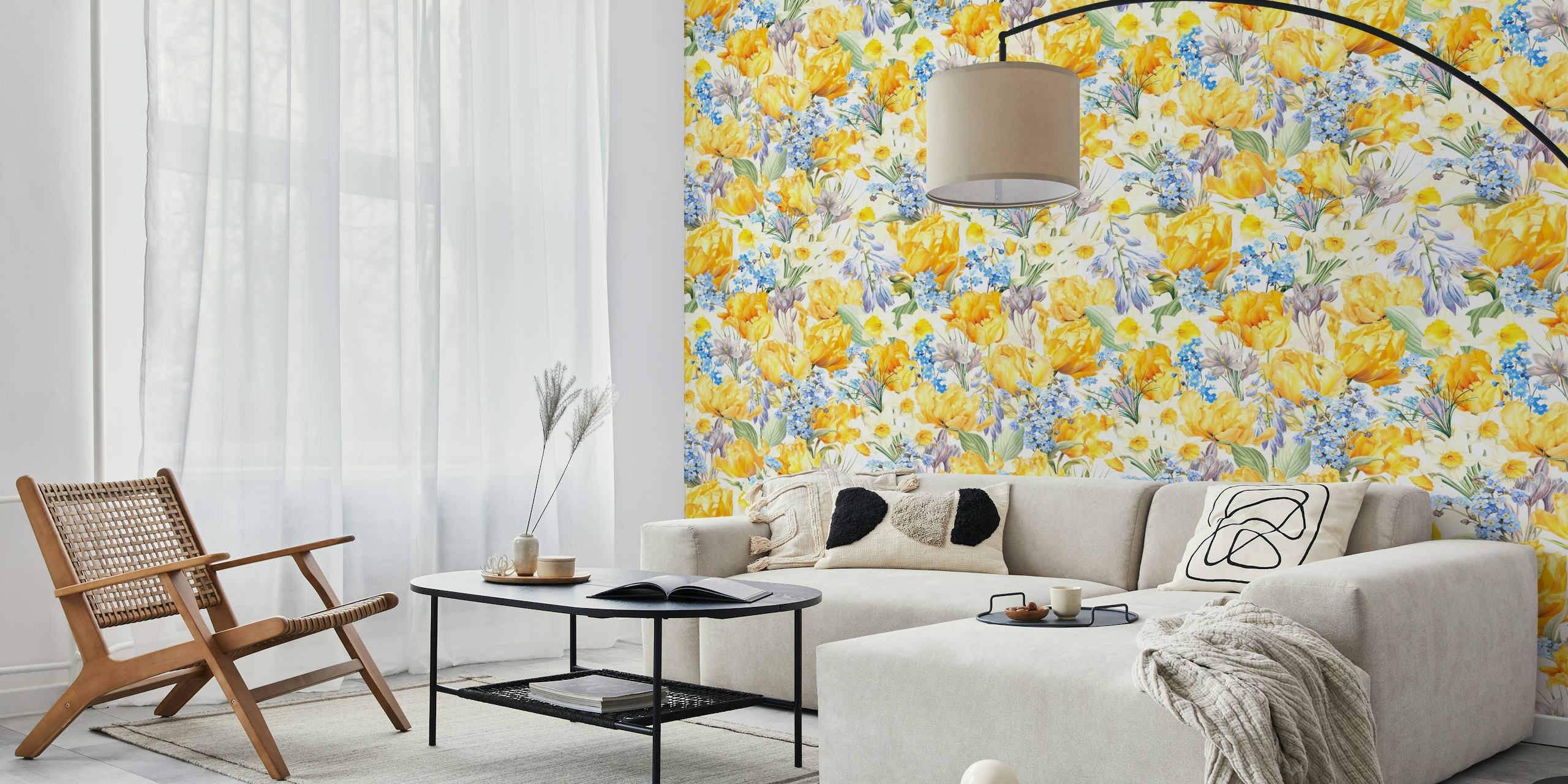Colorful floral design with yellow tulips and blue flowers wallpaper