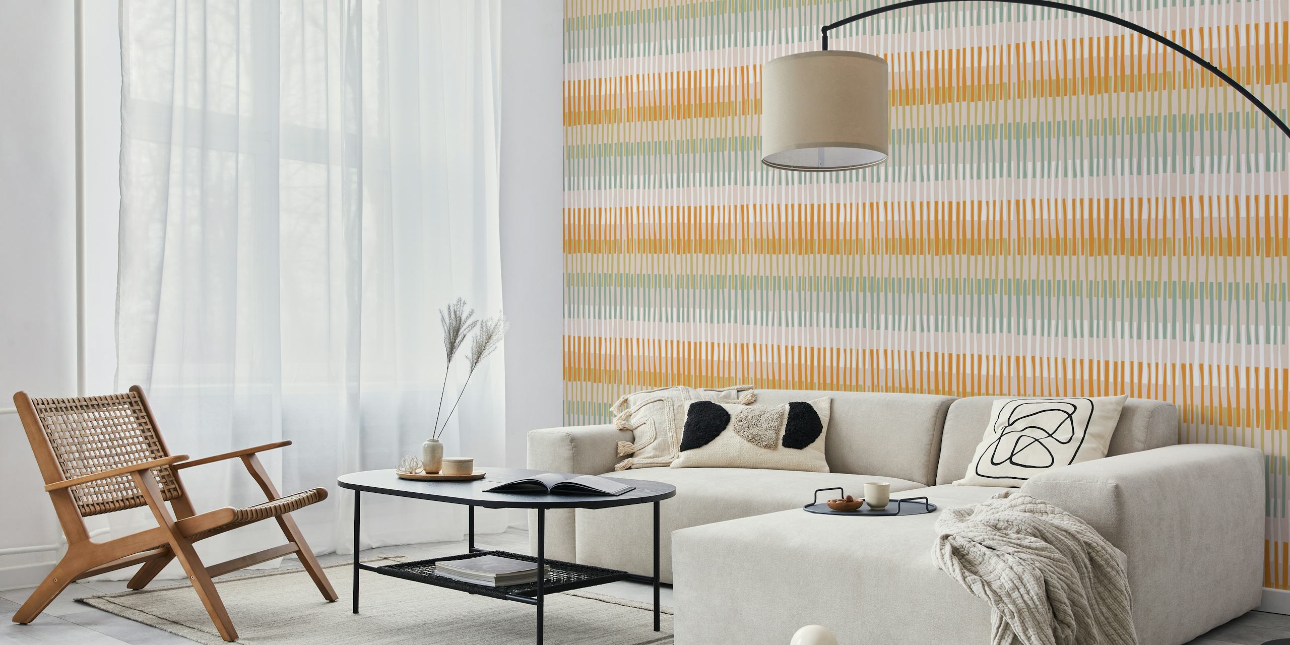 Geometric earthy papel de parede listrado em um quarto