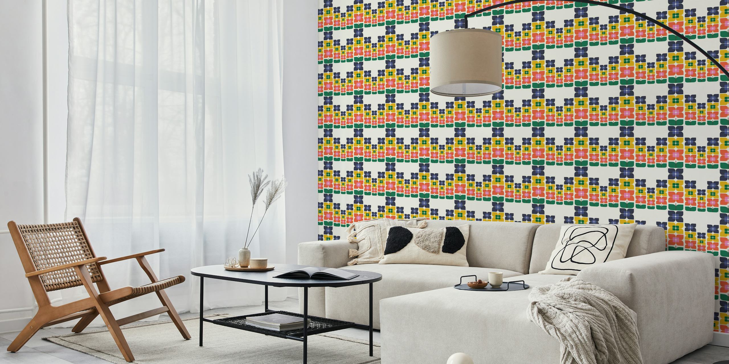 Carta da parati con motivo floreale quadrato geometrico in una varietà di colori