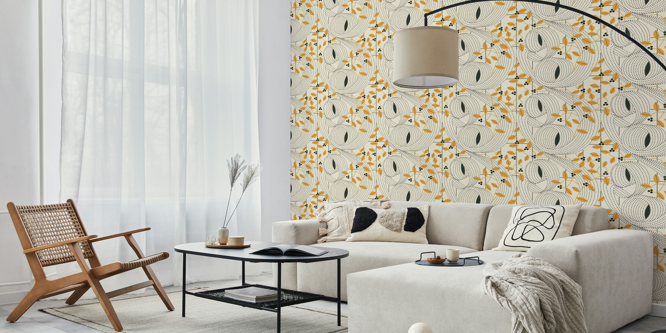 Curls and leaves porch cream goldenrod black wallpaper