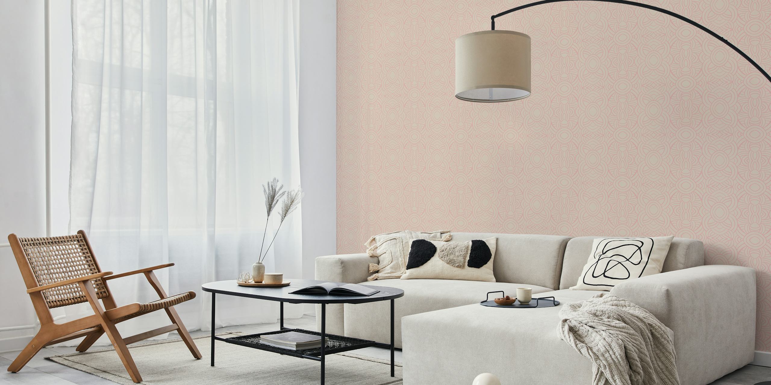 Stylized tropical motifs in vanilla hue wall mural