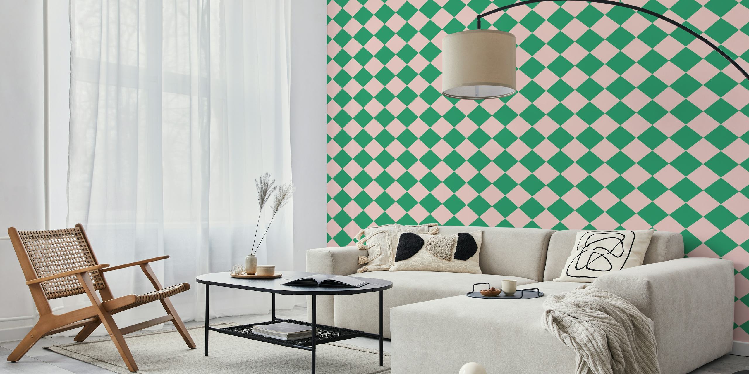 Rosa y verde Diagonal Checkerboard Large - Pink and Green