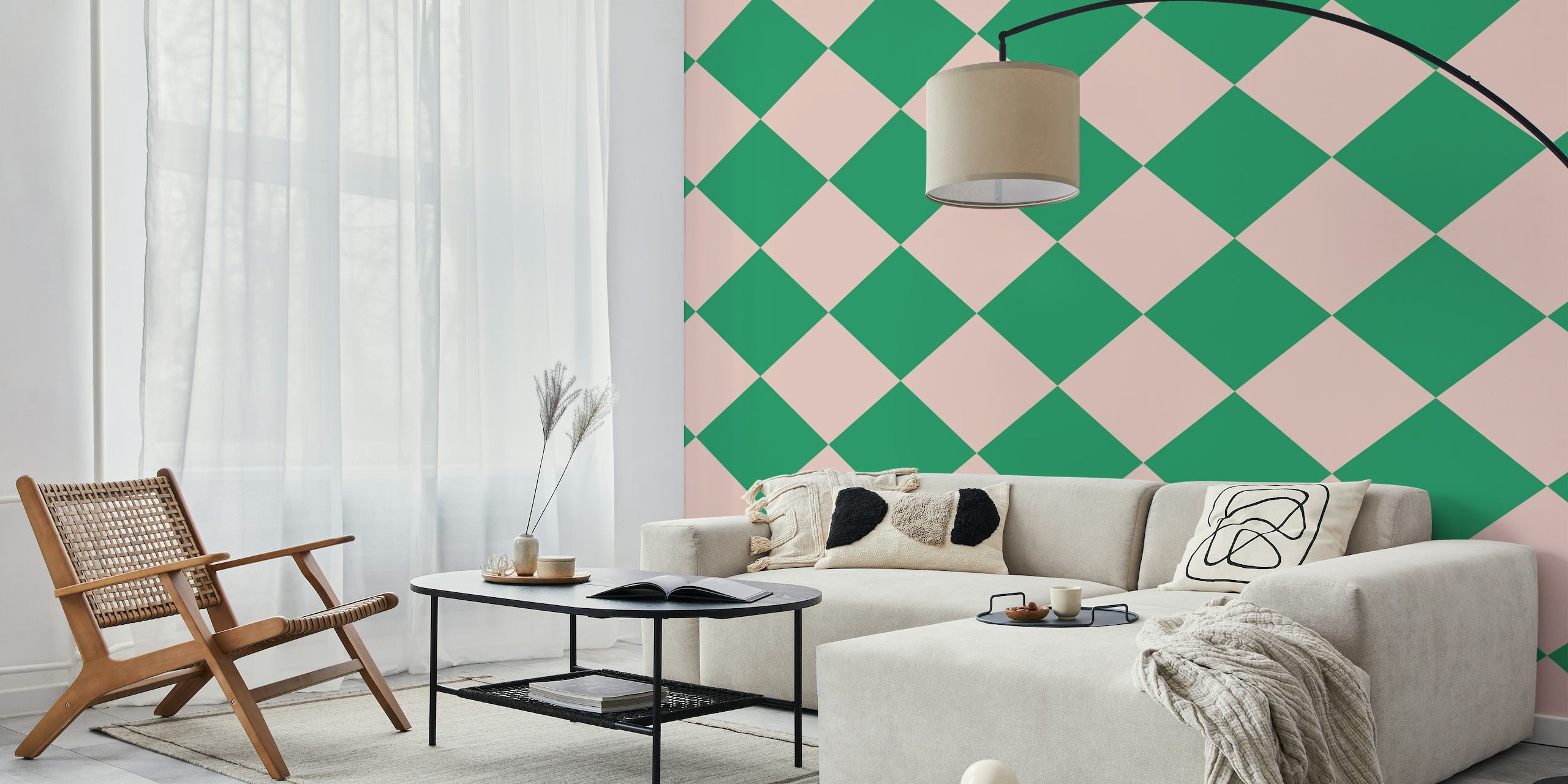 Diagonal Checkerboard Big - Pink and Green wallpaper