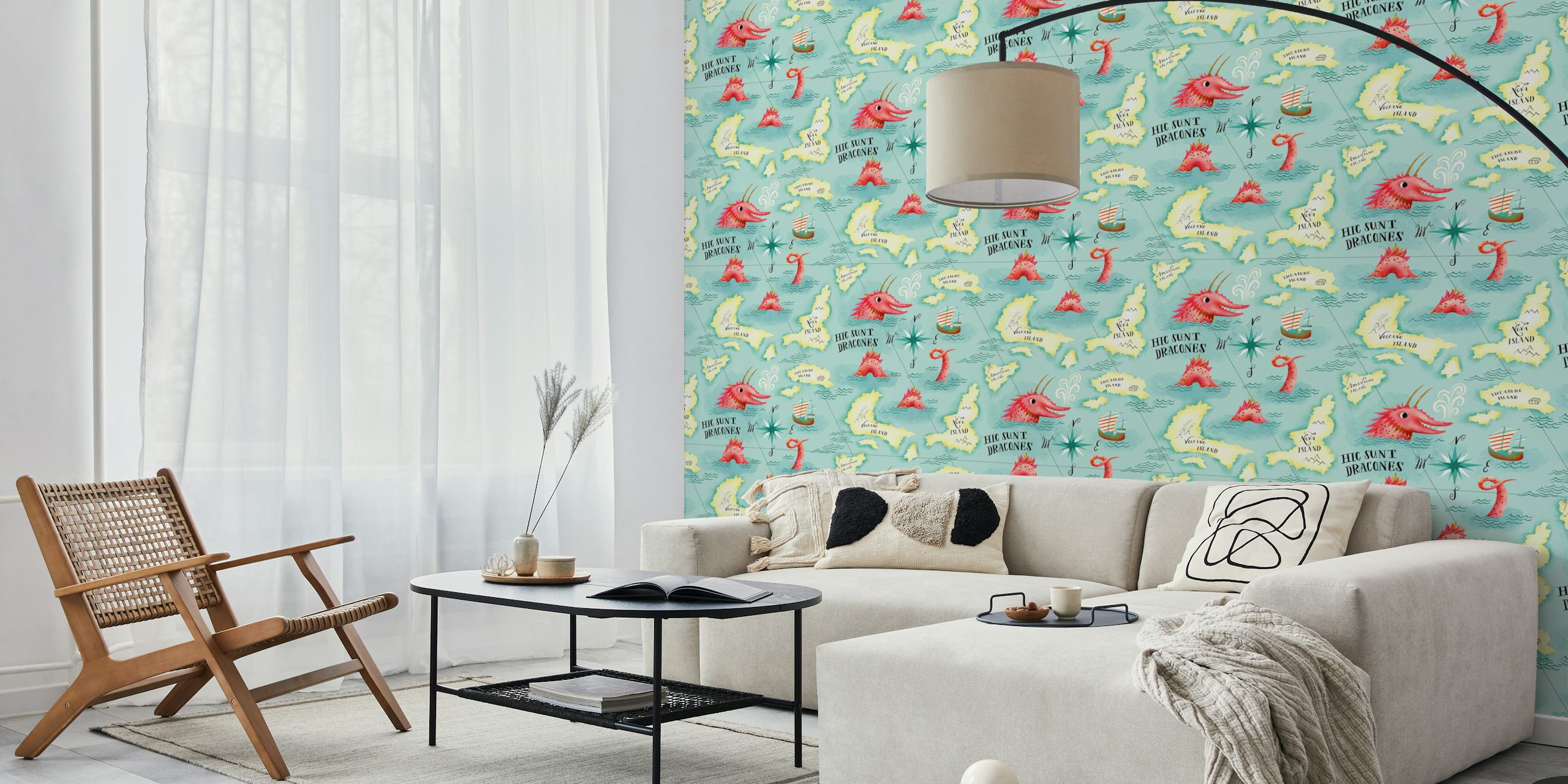 Colorful vintage map with dragons and ships wallpaper