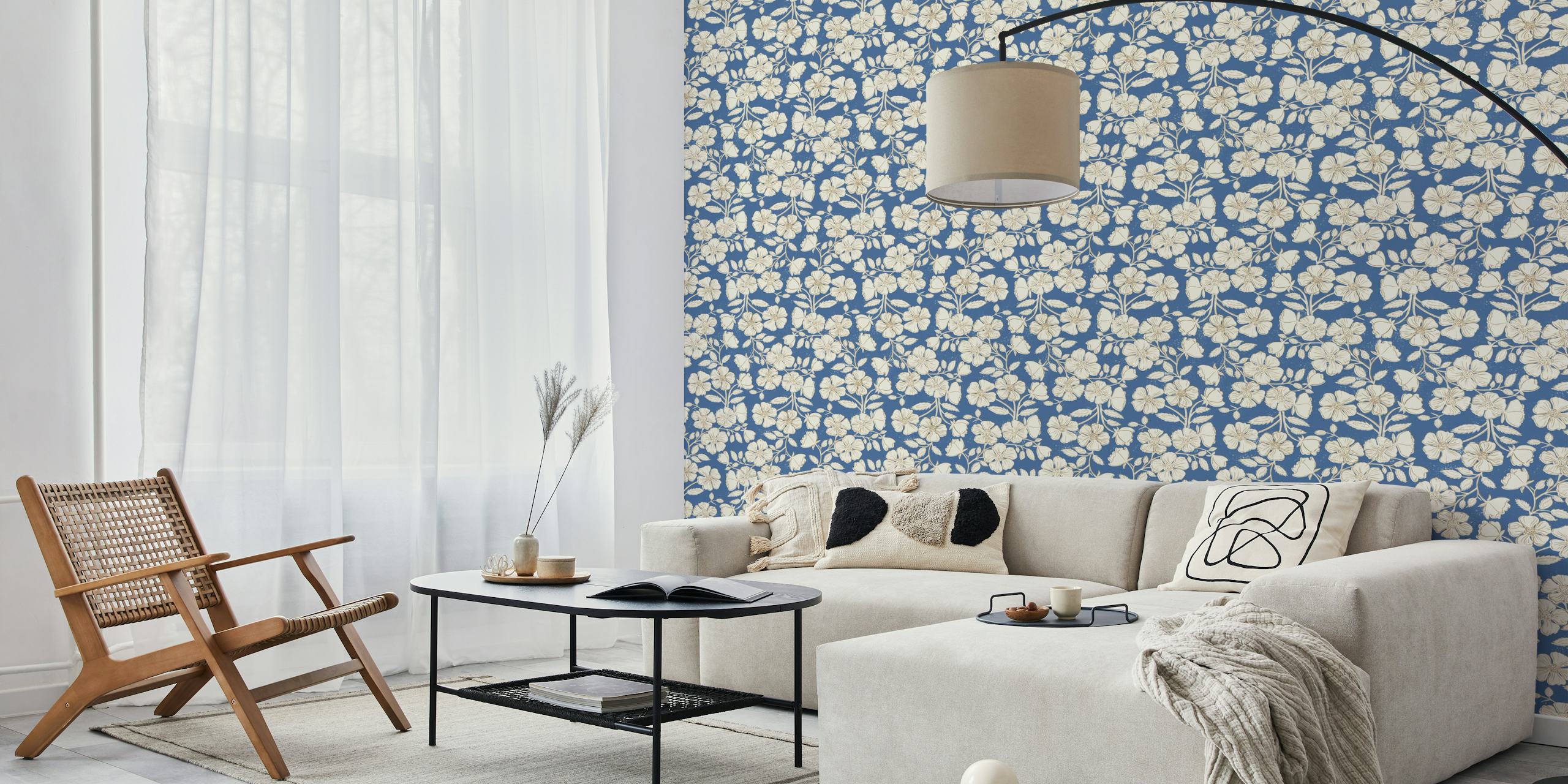 Cobalt blue background with cream floral block print wallpaper