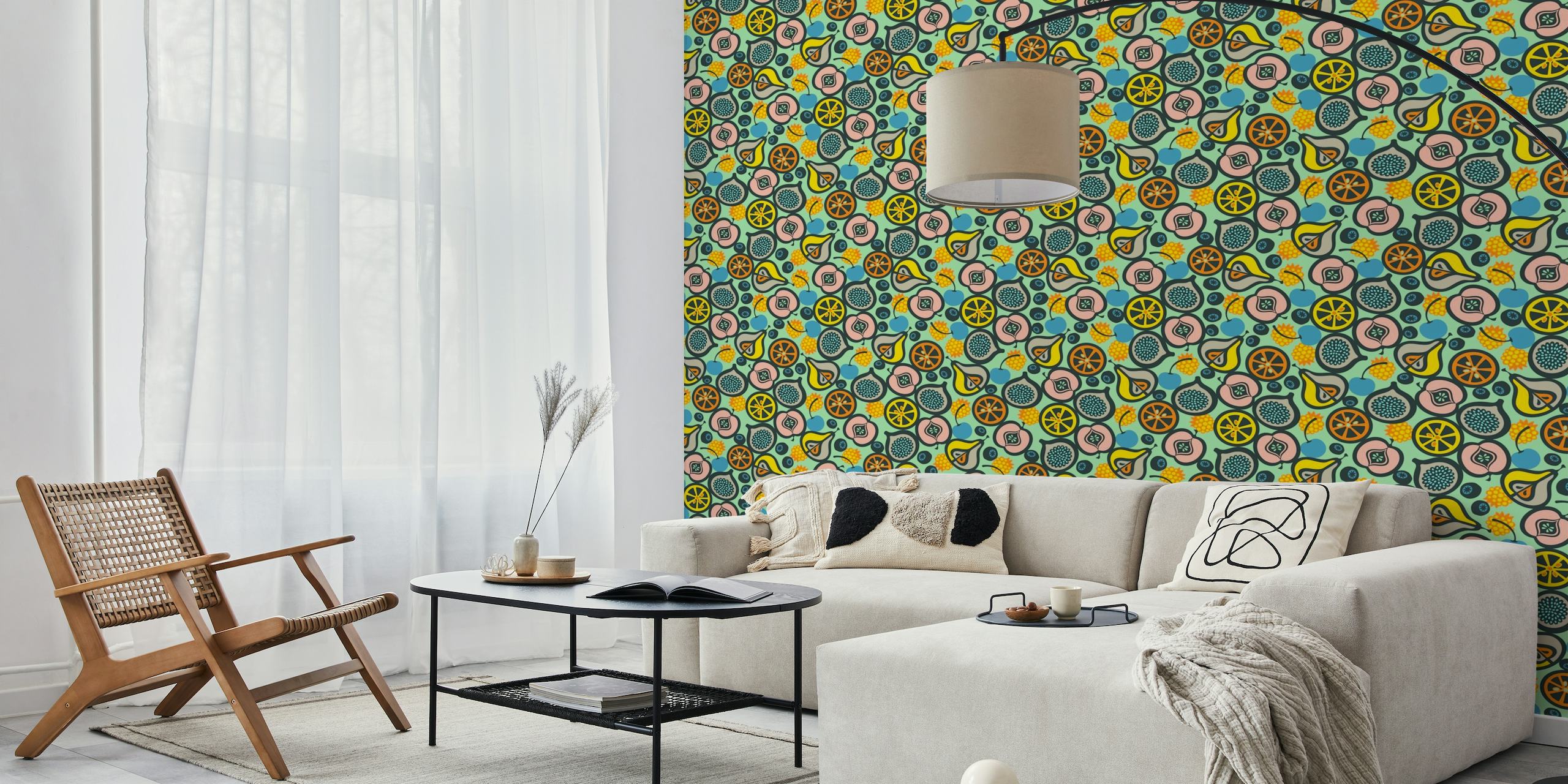 Mid-century modern retro wall mural with a pattern of citrus fruits and berries on a teal background