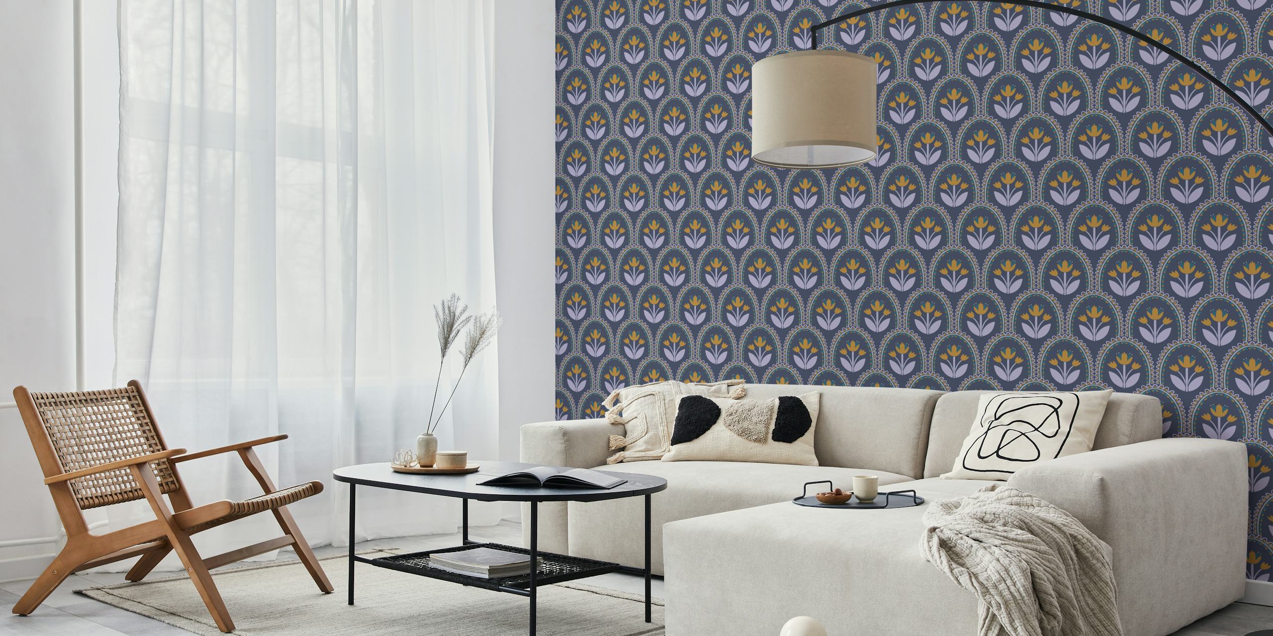 Floral pattern with yellow and lavender flowers on denim background wallpaper