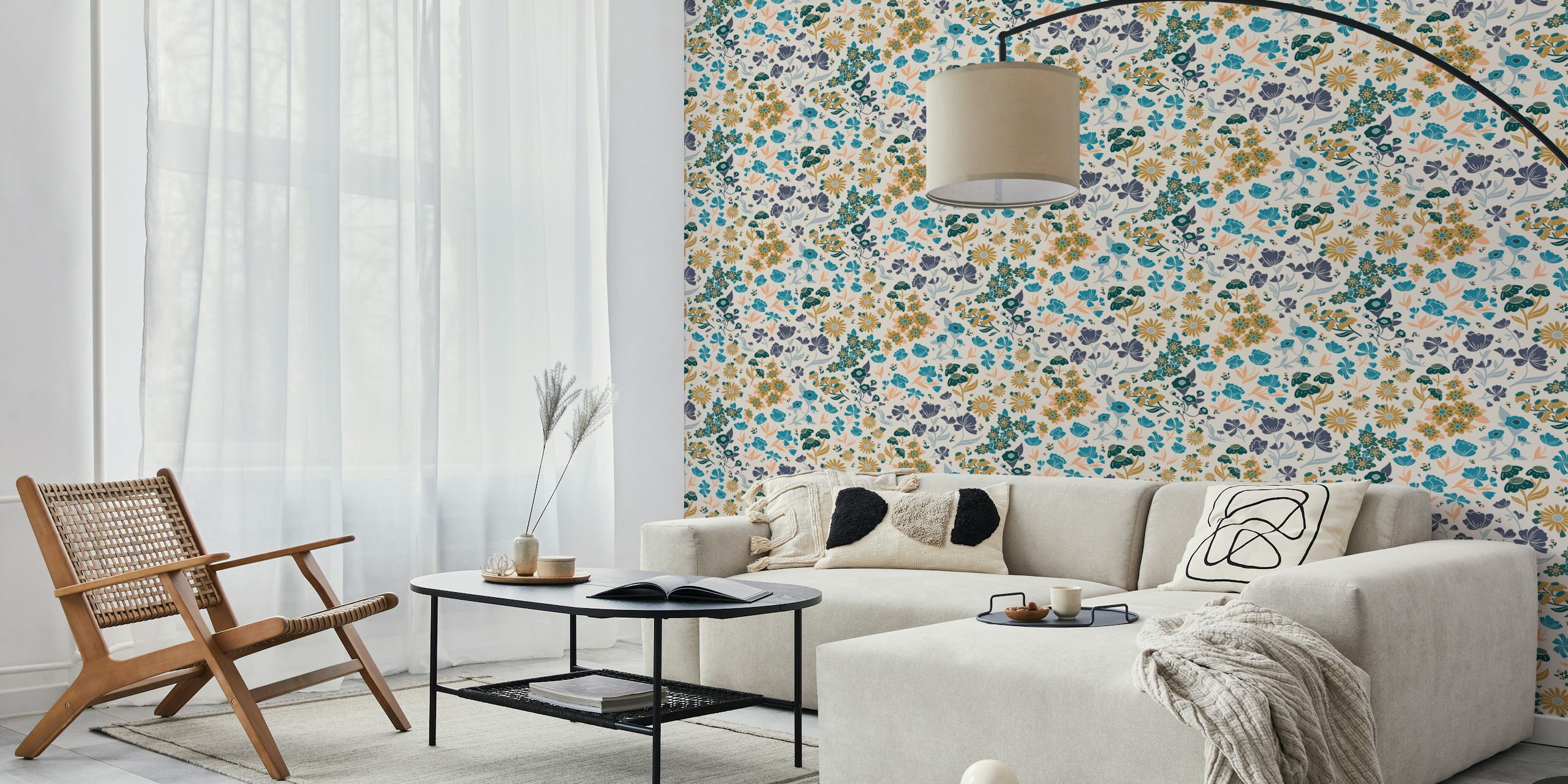 Elegant veggmaleri med villblomster med blå, blågrønne og gullblomster på perlebakgrunn