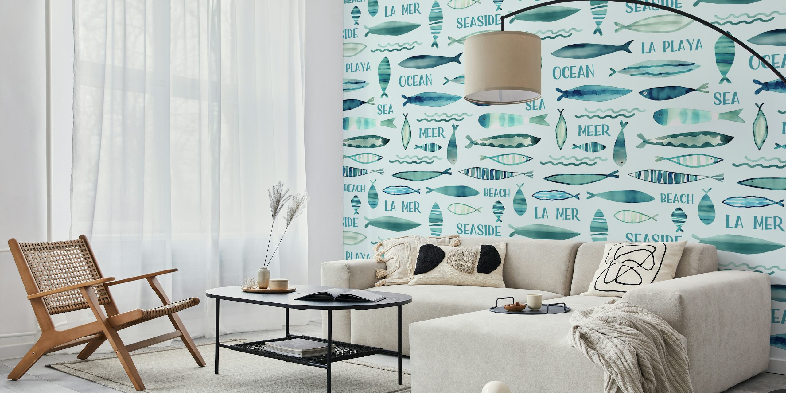 Whimsy watercolor fish wallpaper in a room