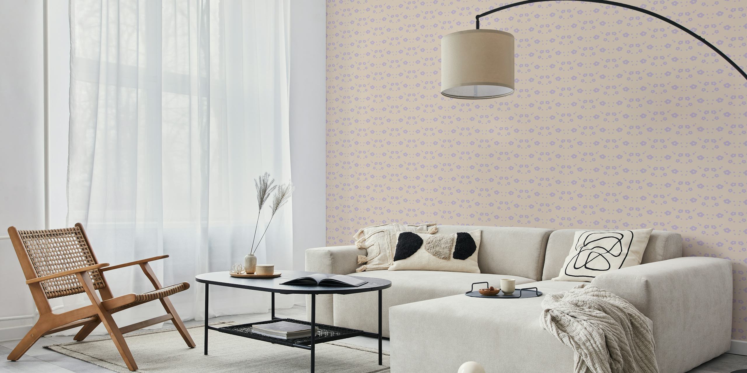 Light violet floral pattern on beige background wallpaper