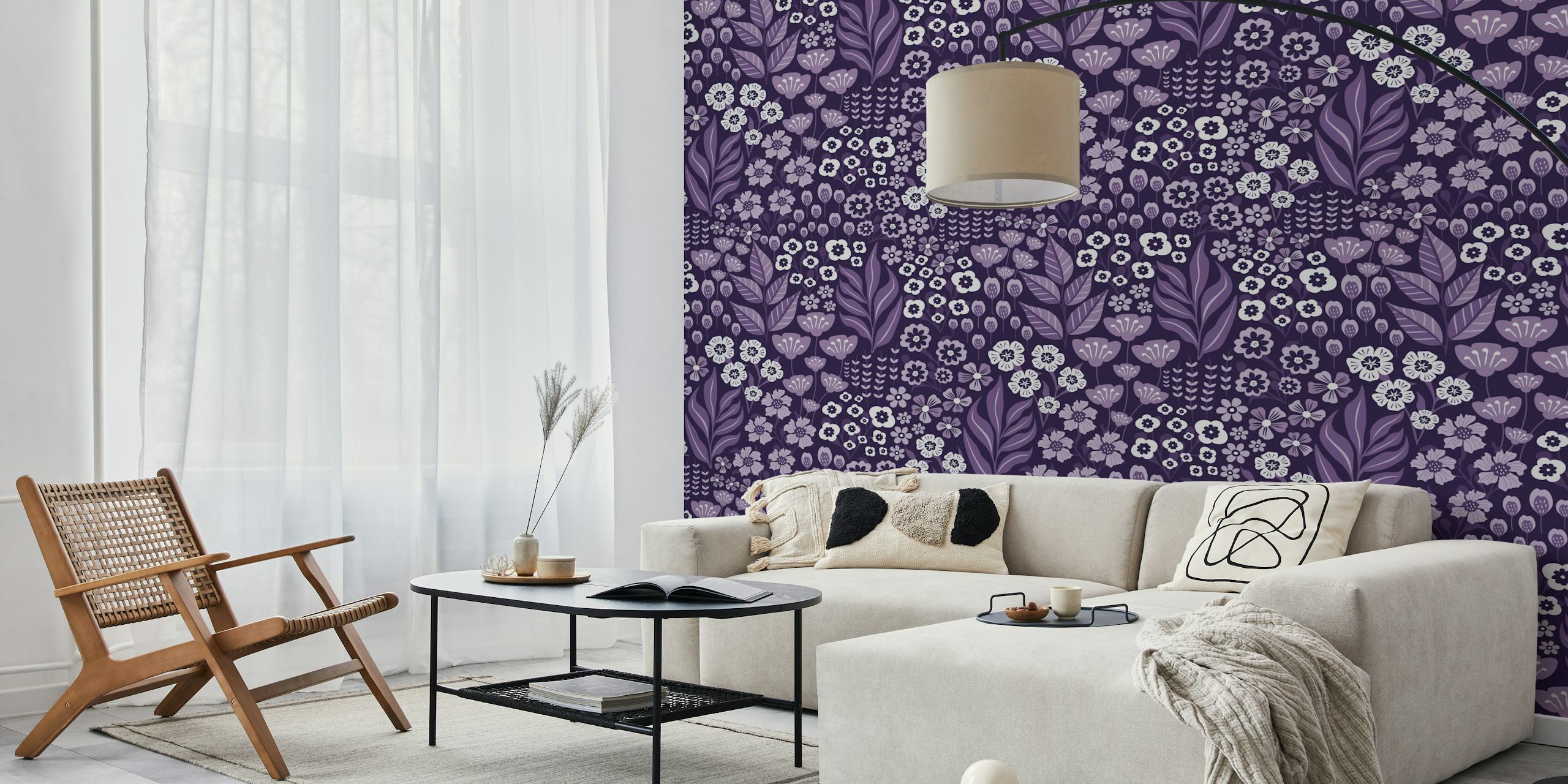 Purple floral pattern featuring whimsical flowers and leaves wallpaper
