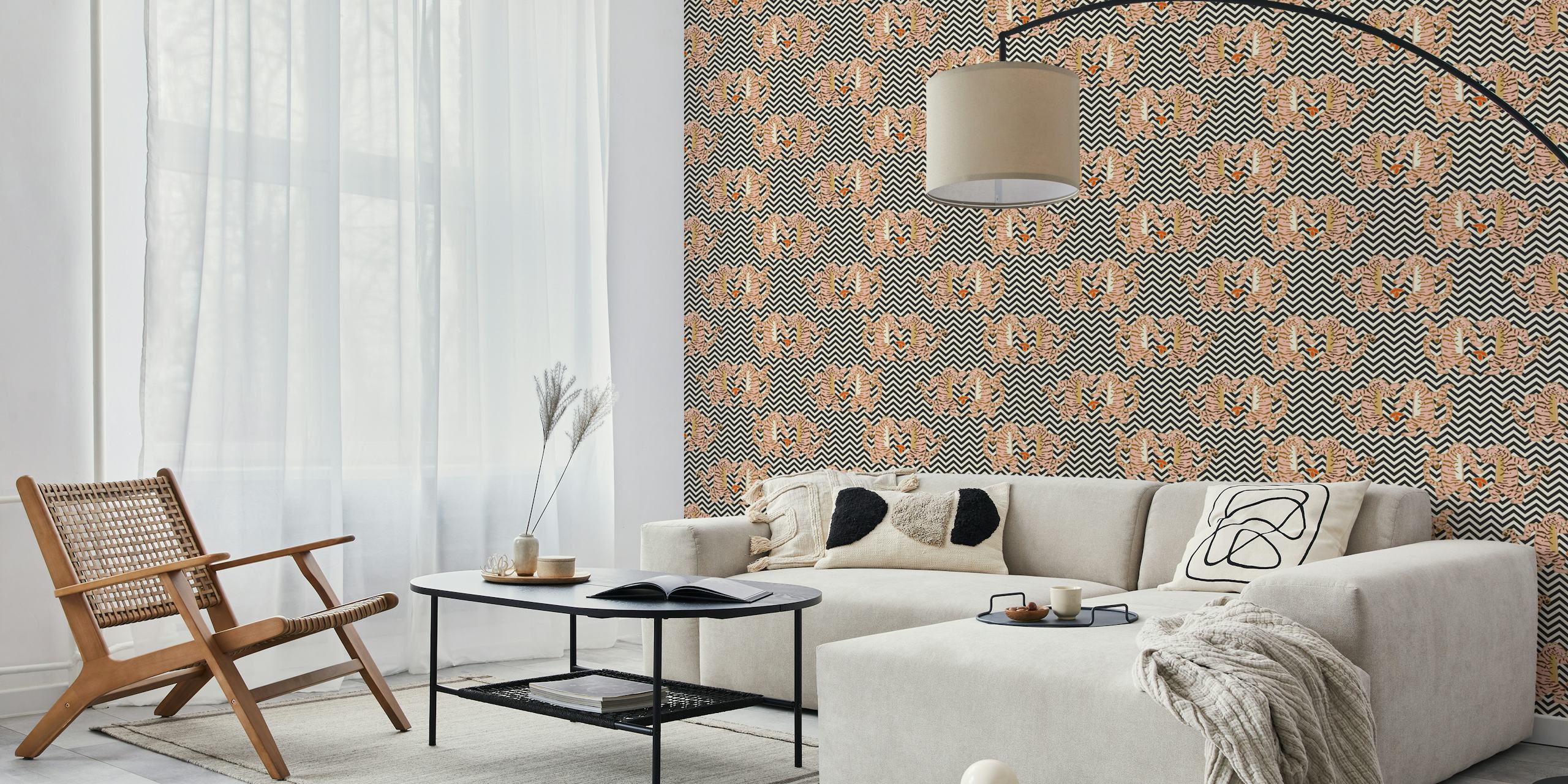 Dancing tiger pattern in pink and beige on black and white zigzag wallpaper