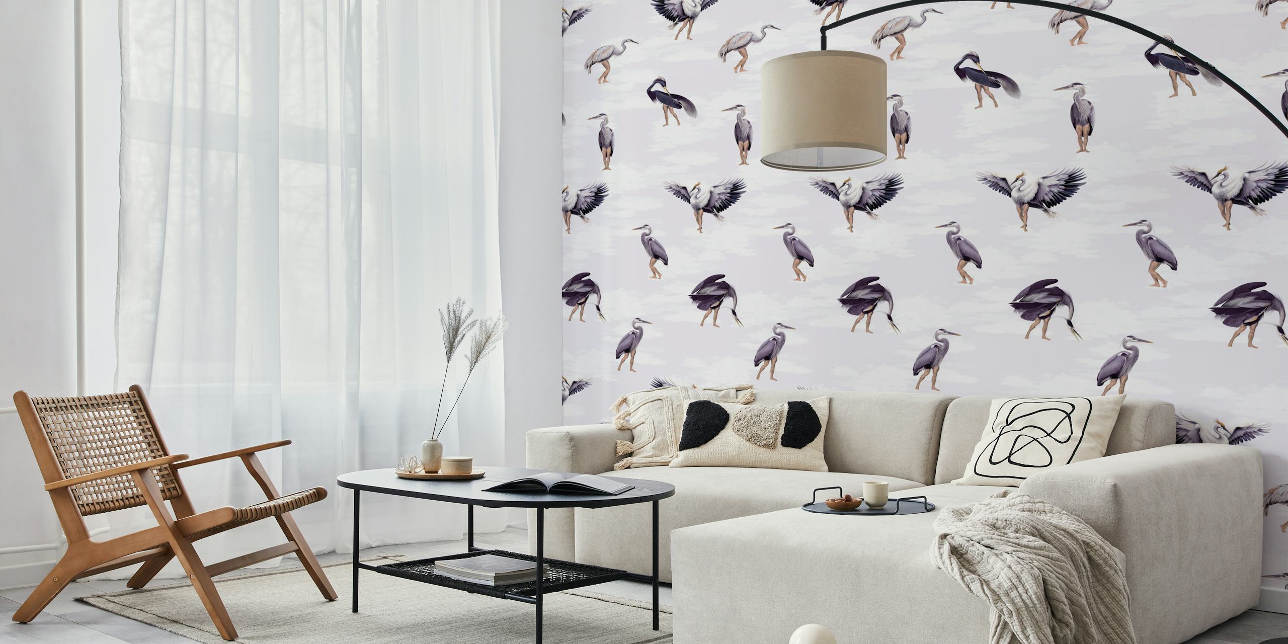 Elegant crane birds on pastel wallpaper design