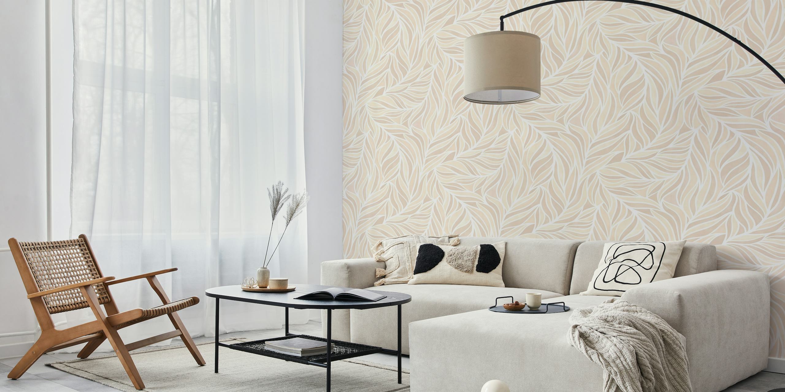 Warm minimalist abstract leaf patterns on an off-white background wall mural