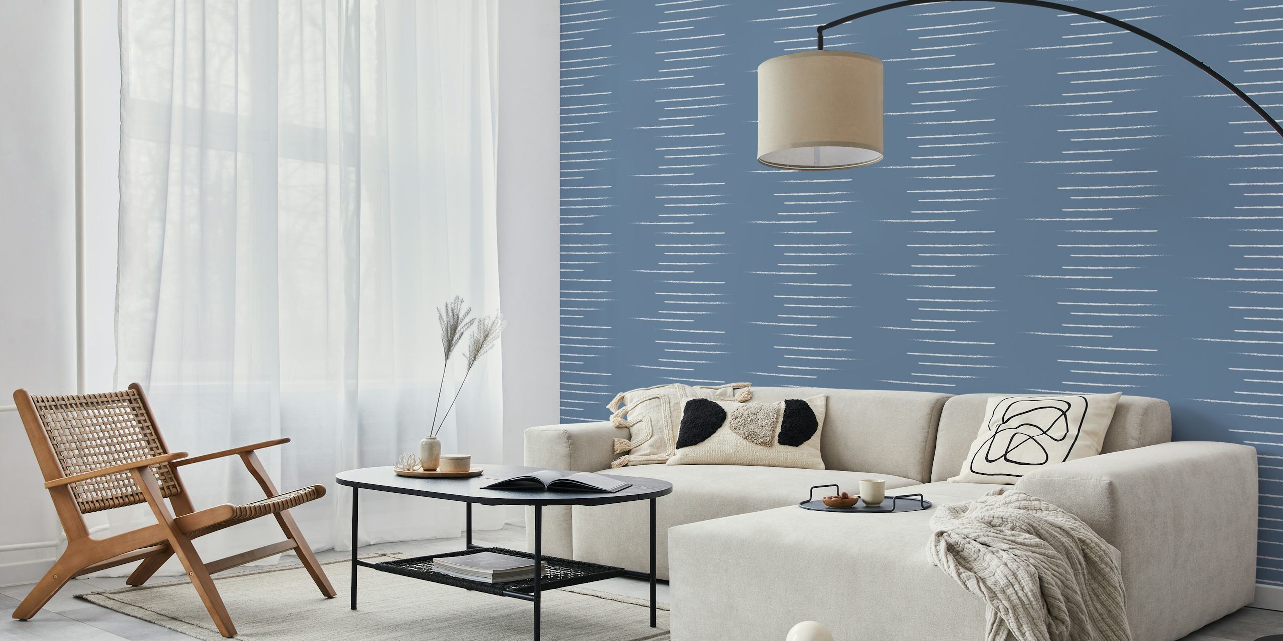 Minimalist blue striped wallpaper with white lines
