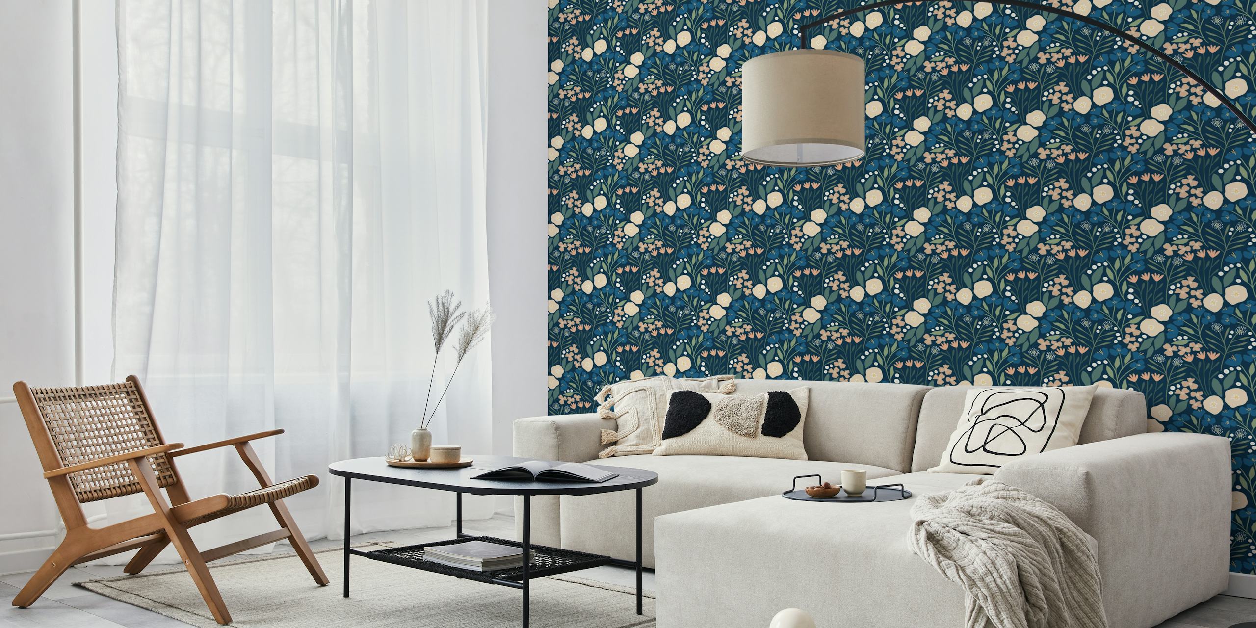 Bloemig behangontwerp in navy