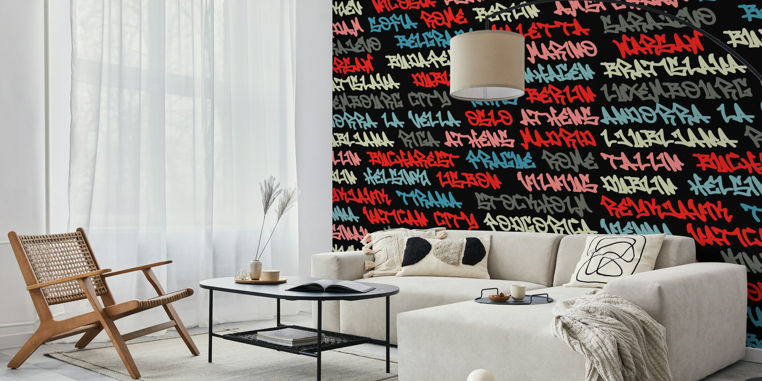 Colorful text-based wall mural with European capital city names