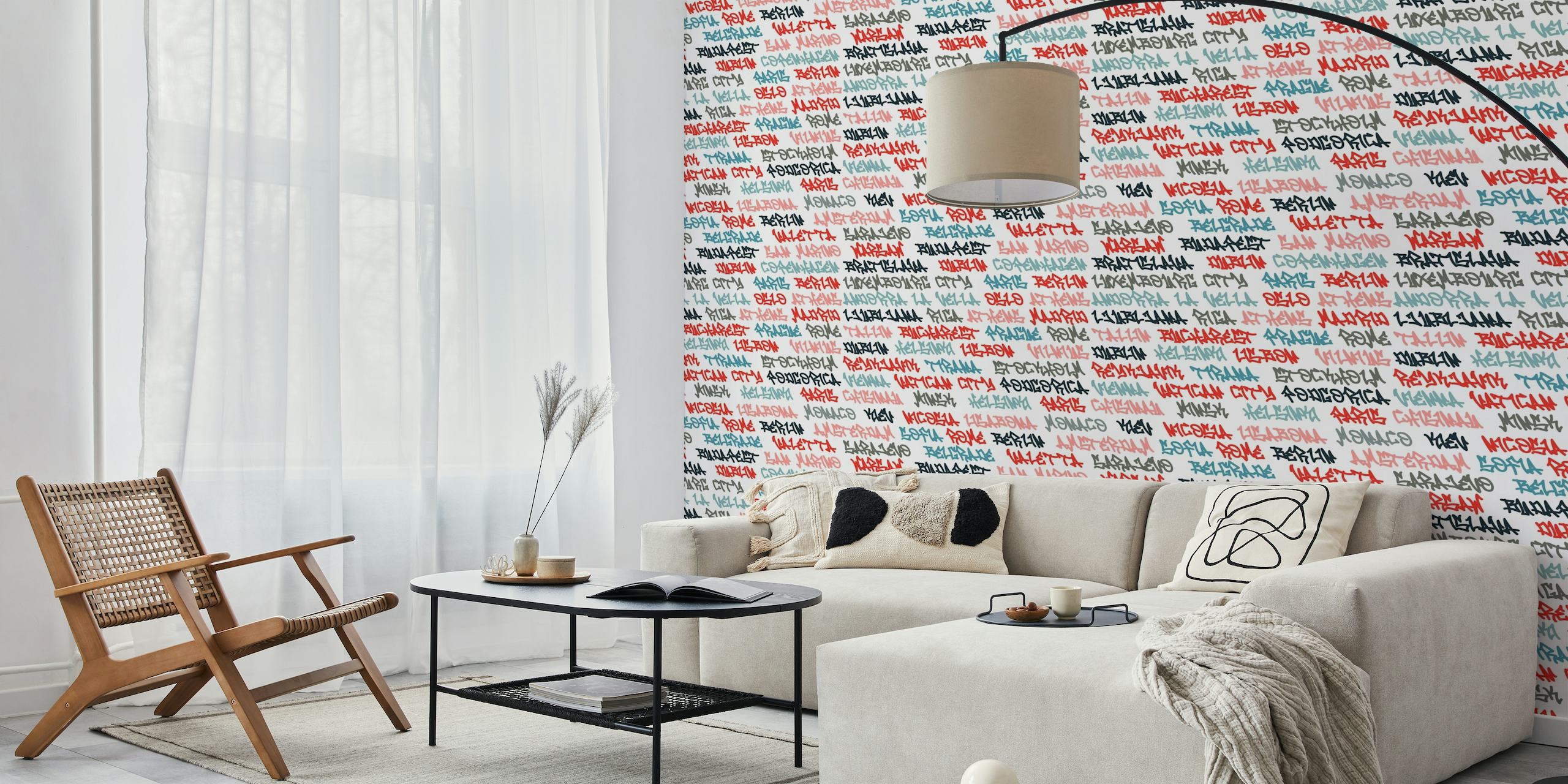 Colorful wall mural featuring names of European capital cities in diverse fonts