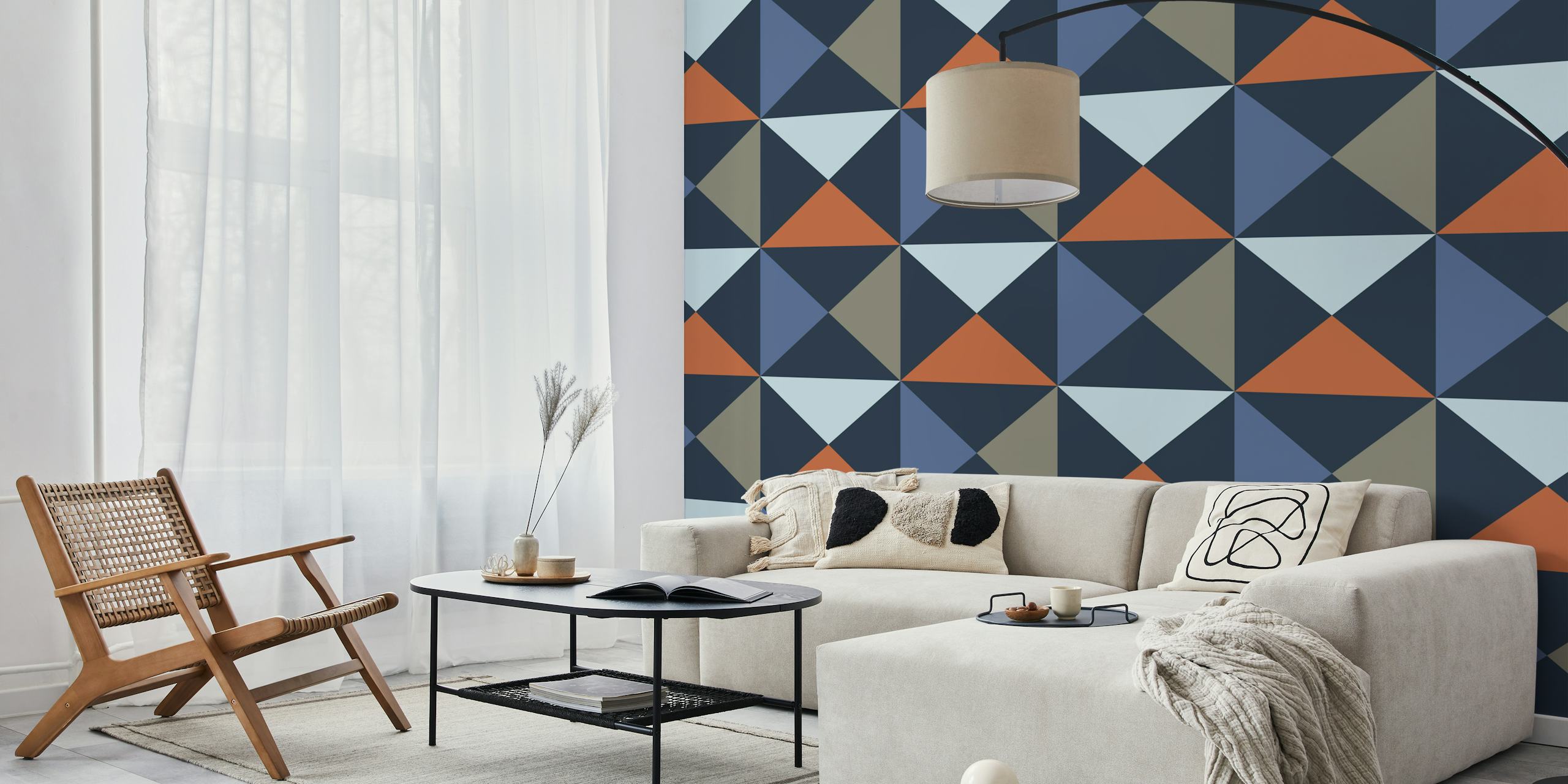 Abstract triangle pattern wall mural in shades of blue, rust, and grey.