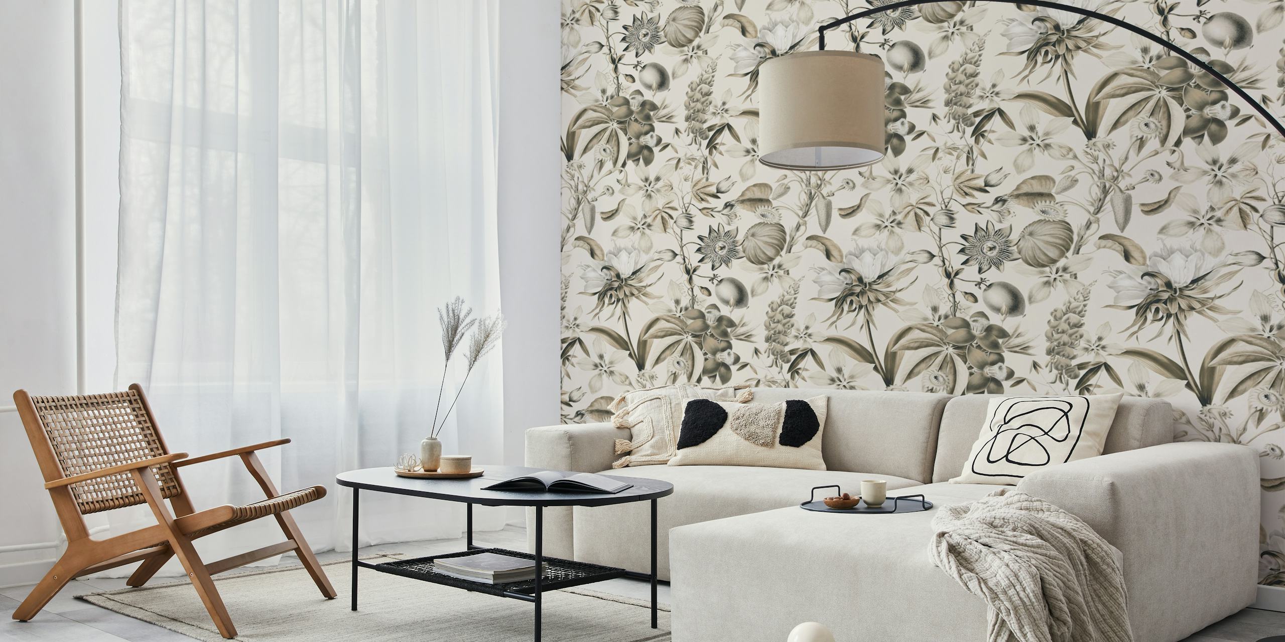 Tropikalna kwiatowa serenada Egzotyczne kwiaty Fototapeta w kolorze kości słoniowej przedstawiająca tropikalne kwiaty i liście w kolorze kości słoniowej