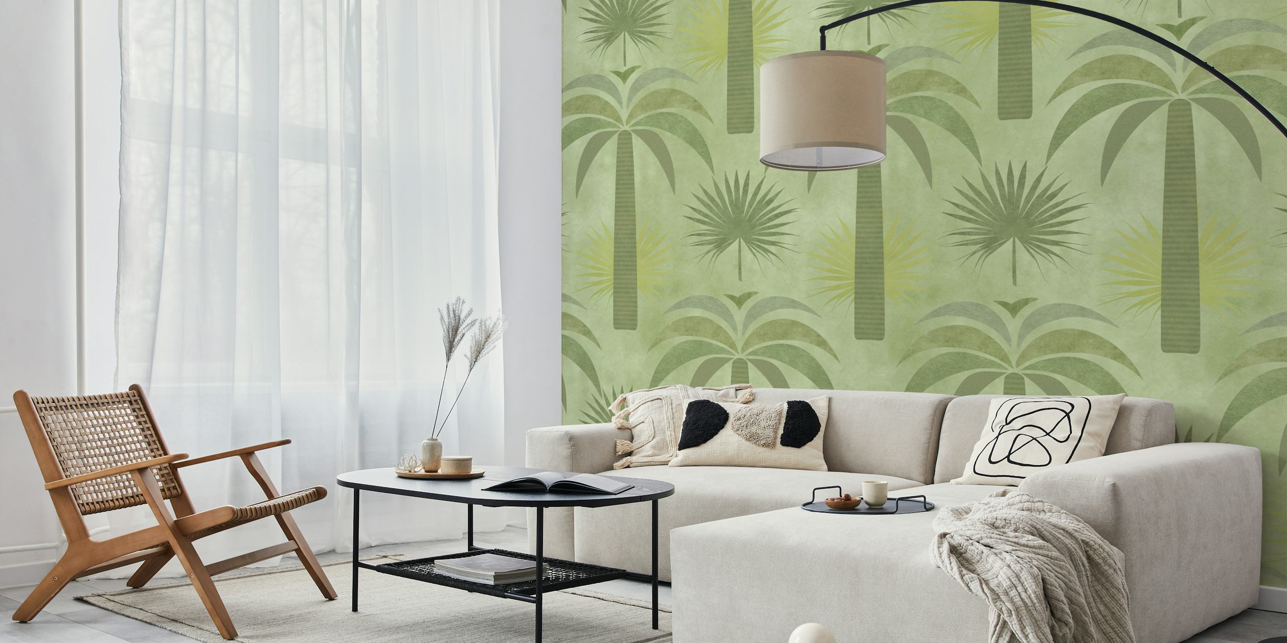 Palm trees with green foliage on a light green background wallpaper