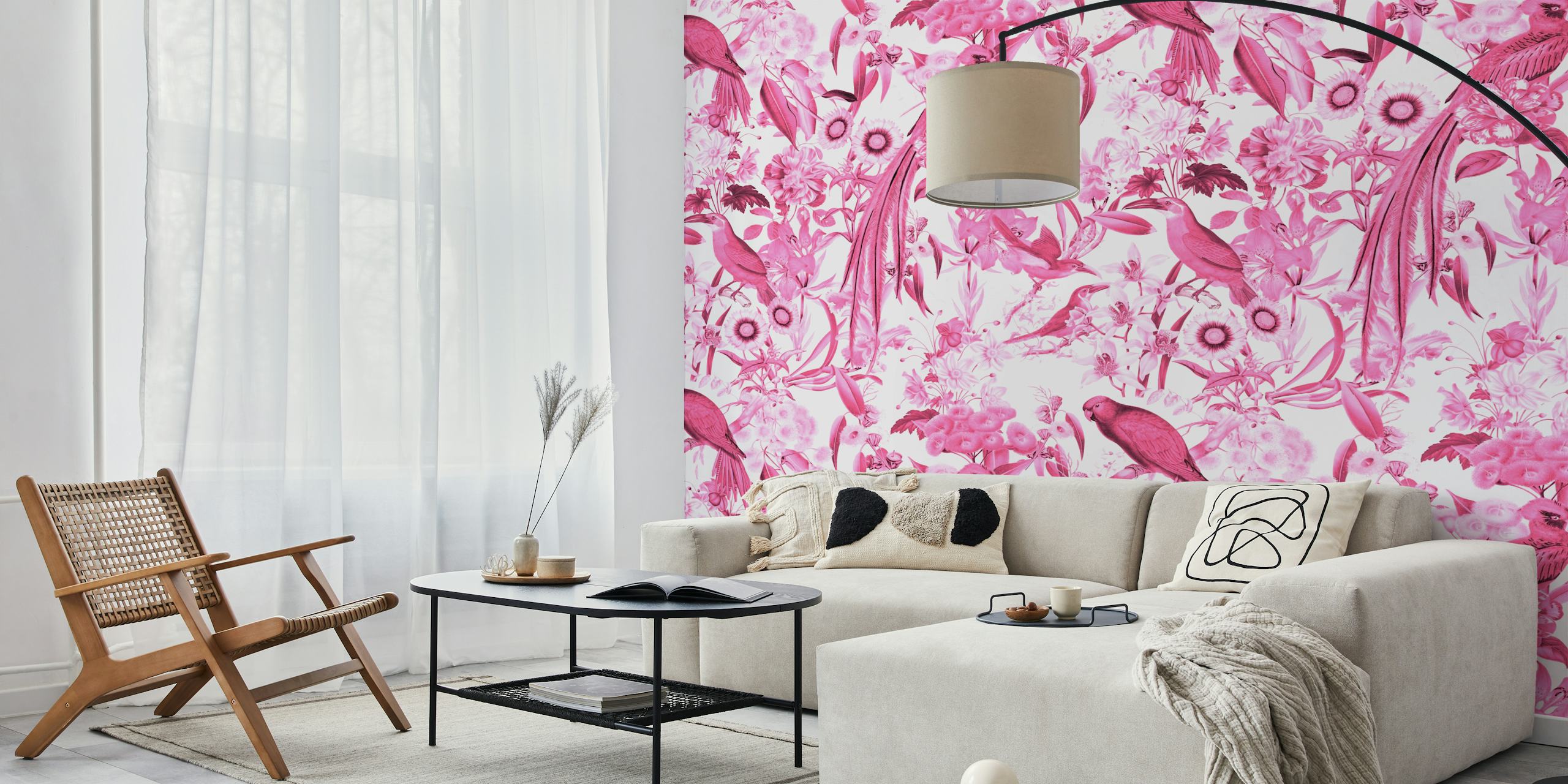 Delia Silvae wall mural with pink tropical birds and flora
