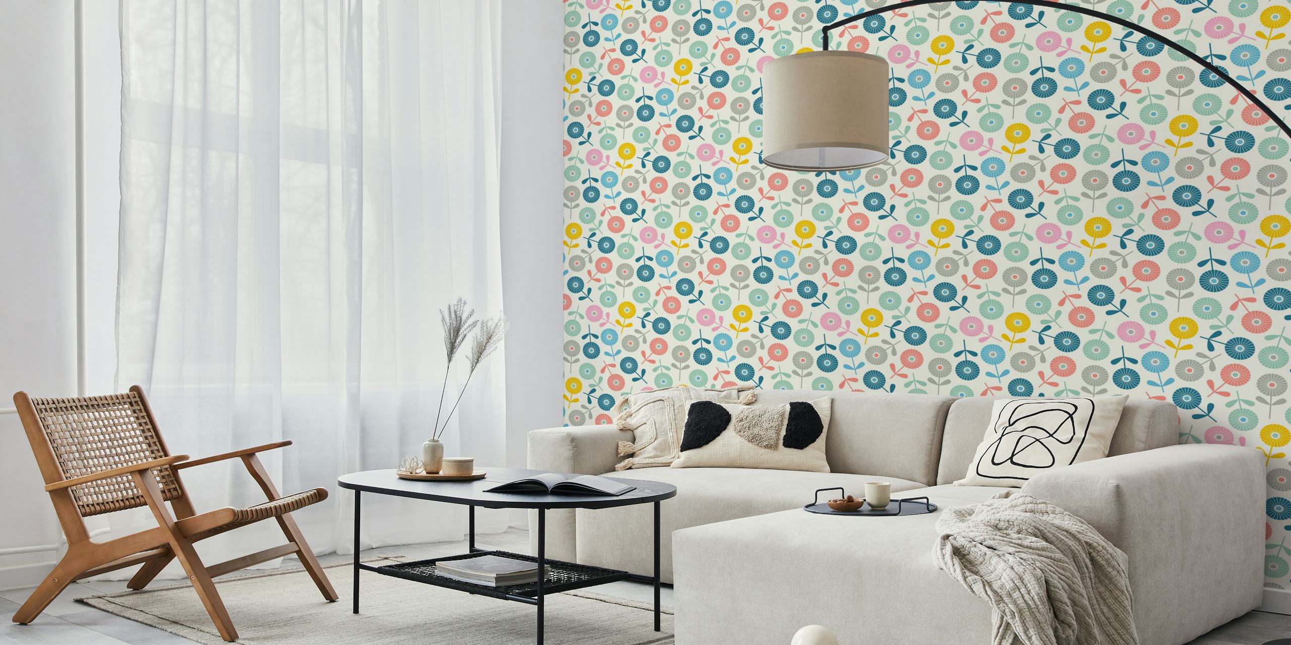 Colorful floral pattern with pink, blue, and green flowers on cream wallpaper