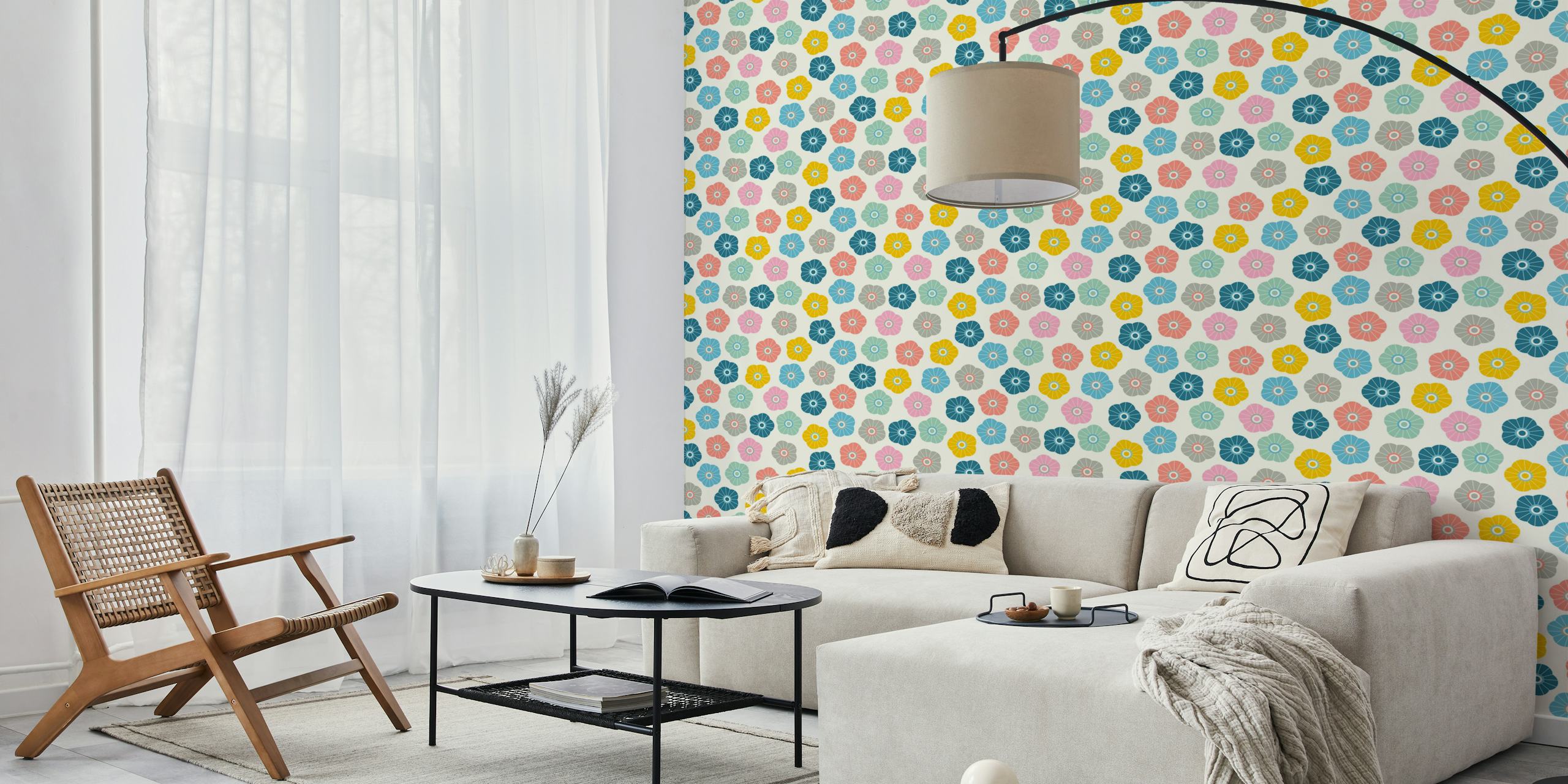 Pastelbloemenbehang Met Spring Daisies Fresh Floral - Pastel On Cream In Een Kamer