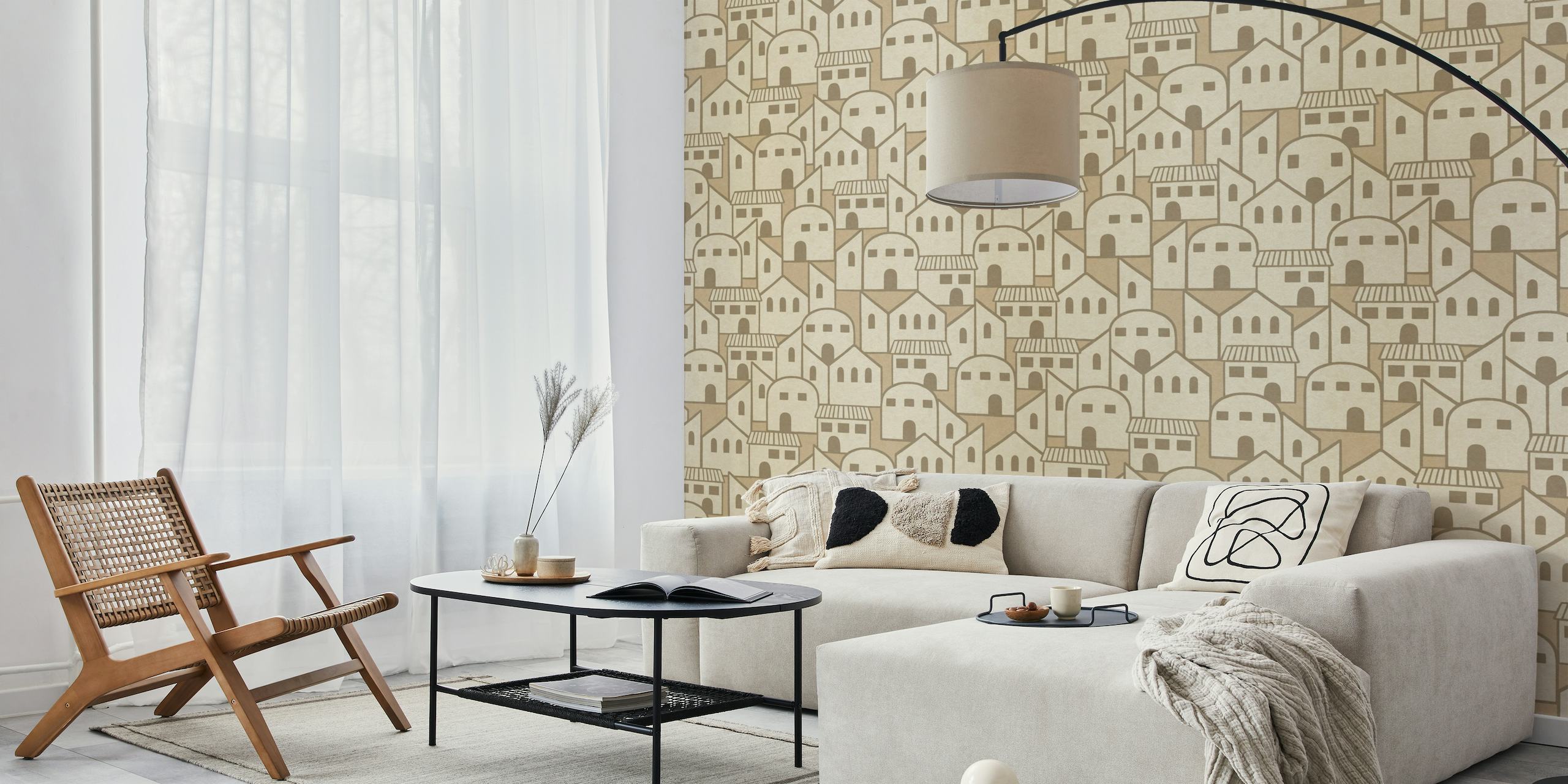 Minimalist abstract houses pattern in tan and beige colors for a wall mural