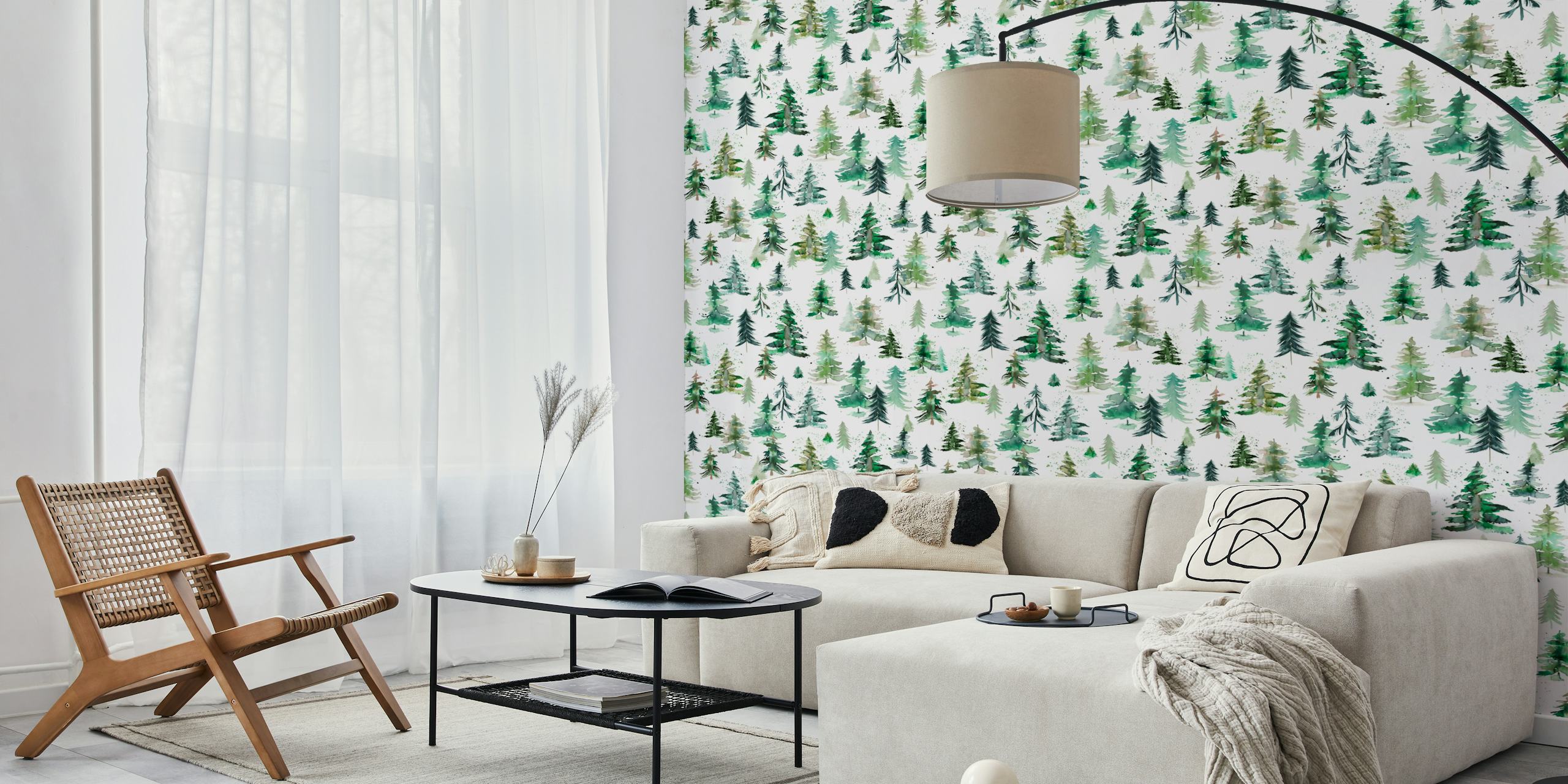 Illustrative forest and mountain wall mural depicting various trees on a white background