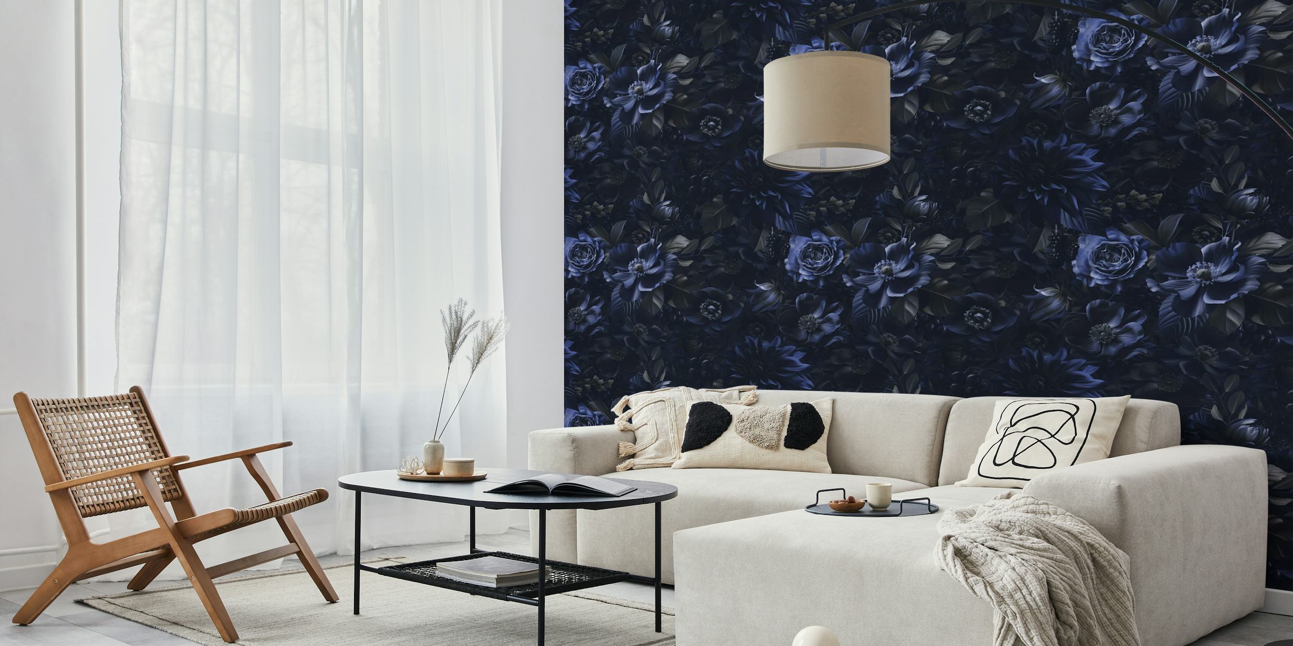 Blue floral patterns with dark tones and leaves wallpaper