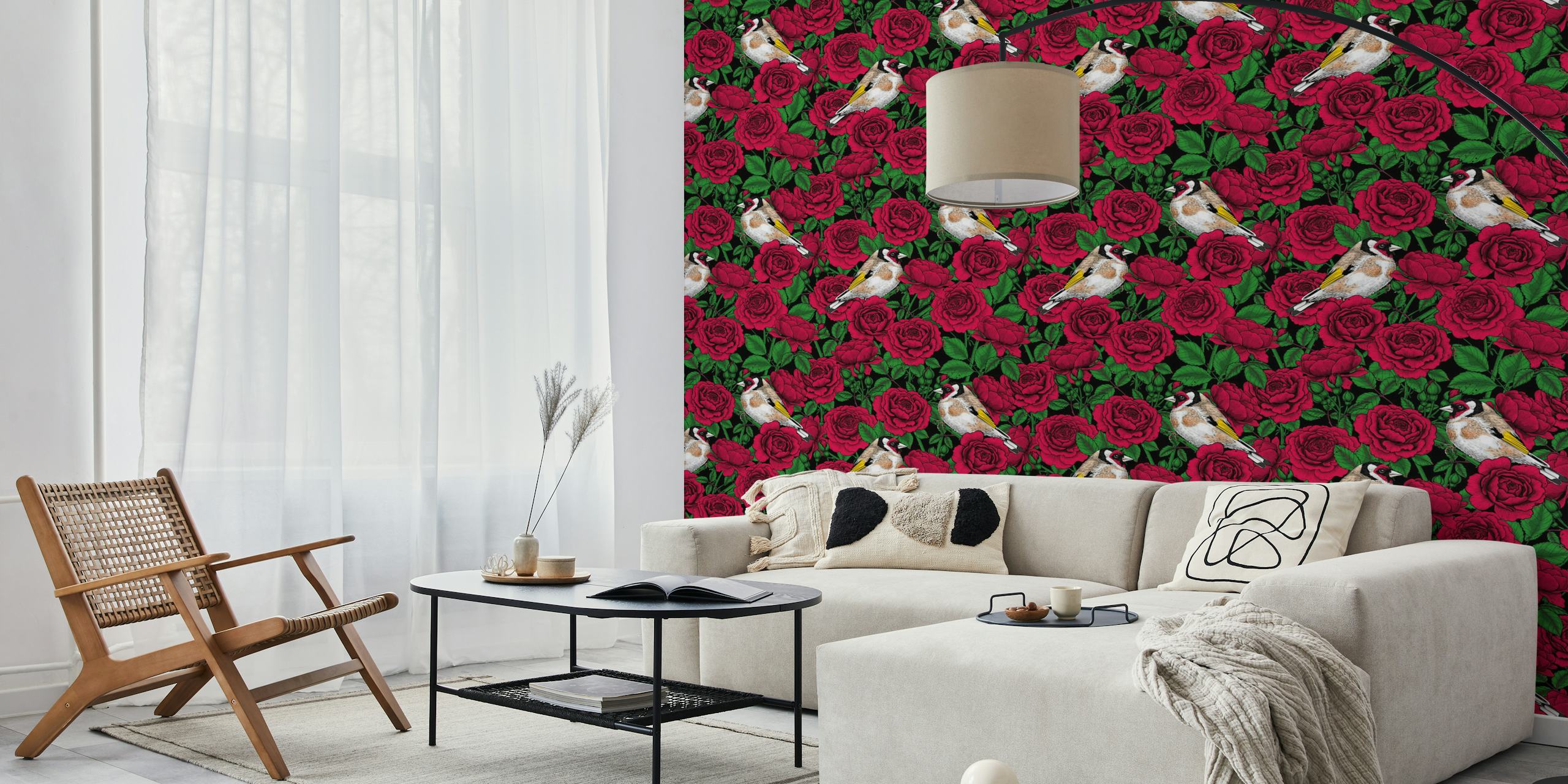 Design di Red Rose flowers e goldfinch birds