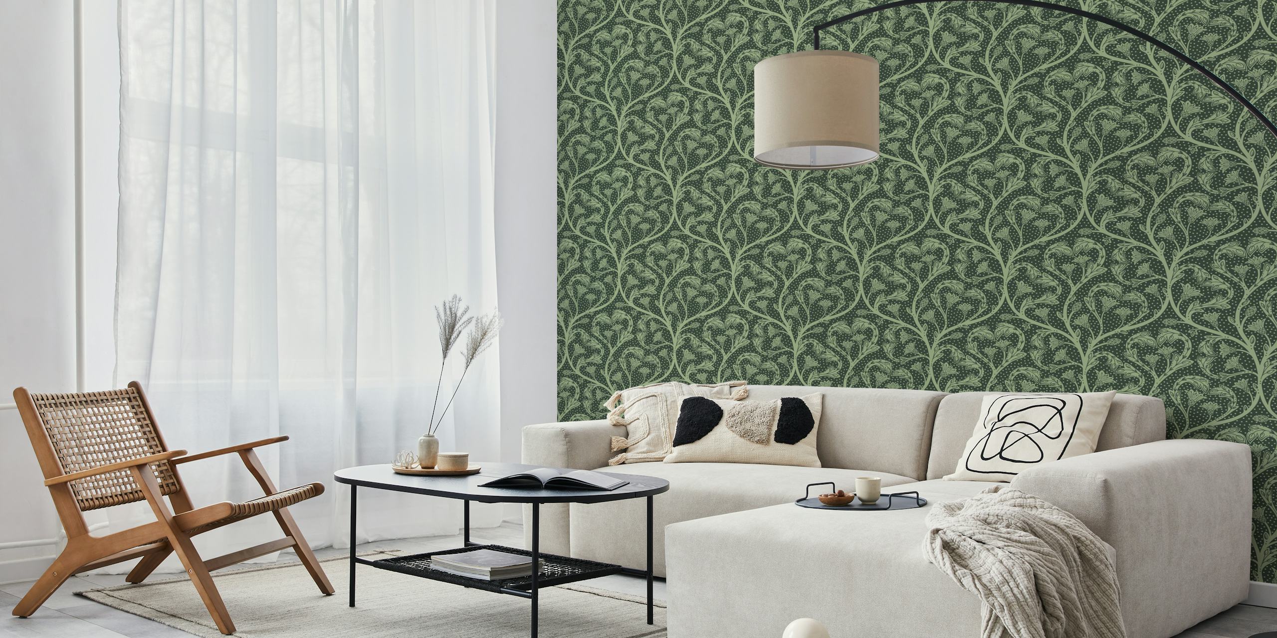 Floral dandelion patterns in dark green and light green wallpaper