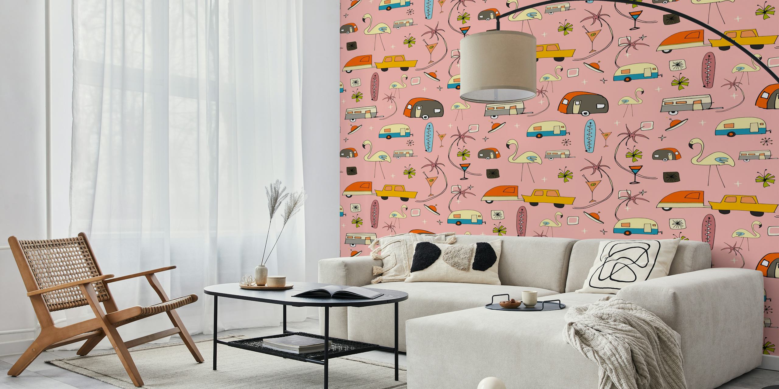 Flamingos, retro trailers, palm trees on pink background wallpaper