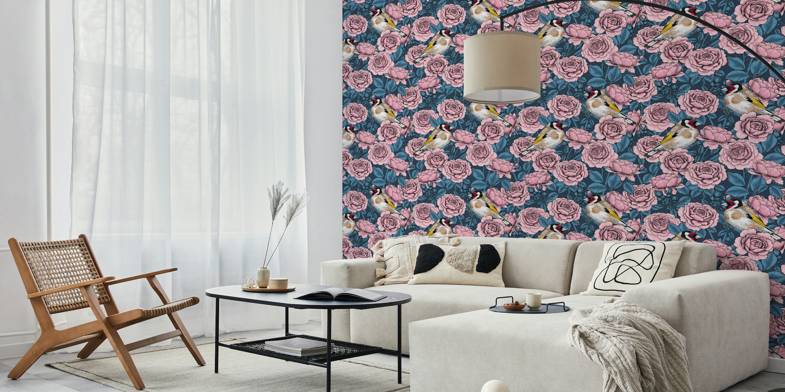 Tapeta Pink Rose flowers a goldfinch birds