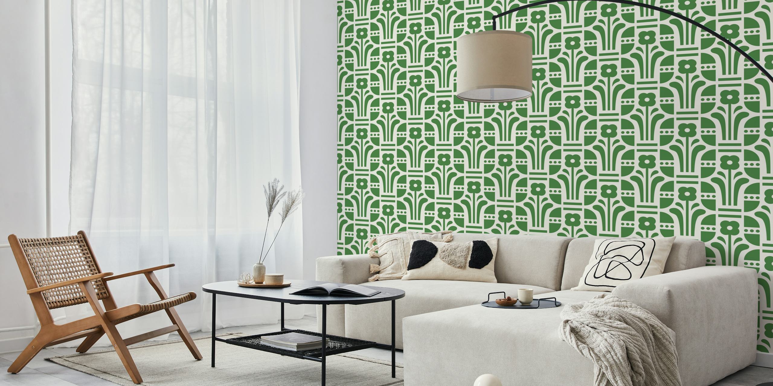 Geometric folk daisies green wallpaper displayed