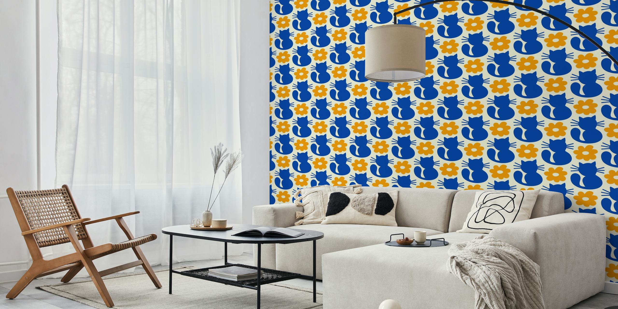 Retro cats, blue yellow / 3045 A wallpaper