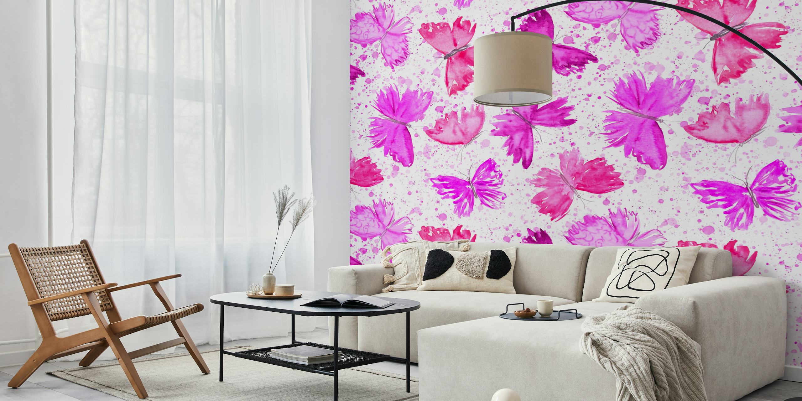 Splattered watercolor butterflies wallpaper in a room