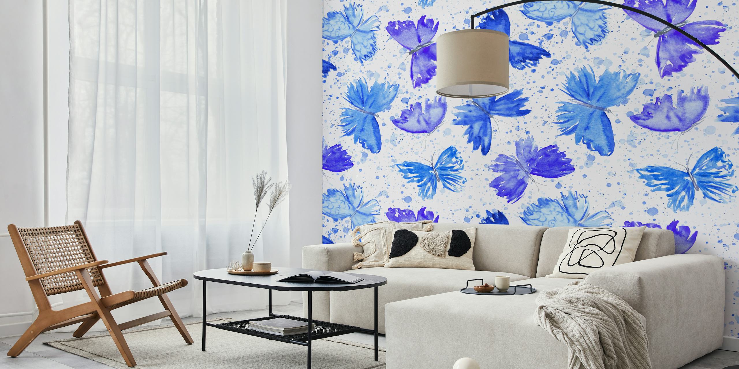 Watercolor butterflies in shades of blue with white background wallpaper